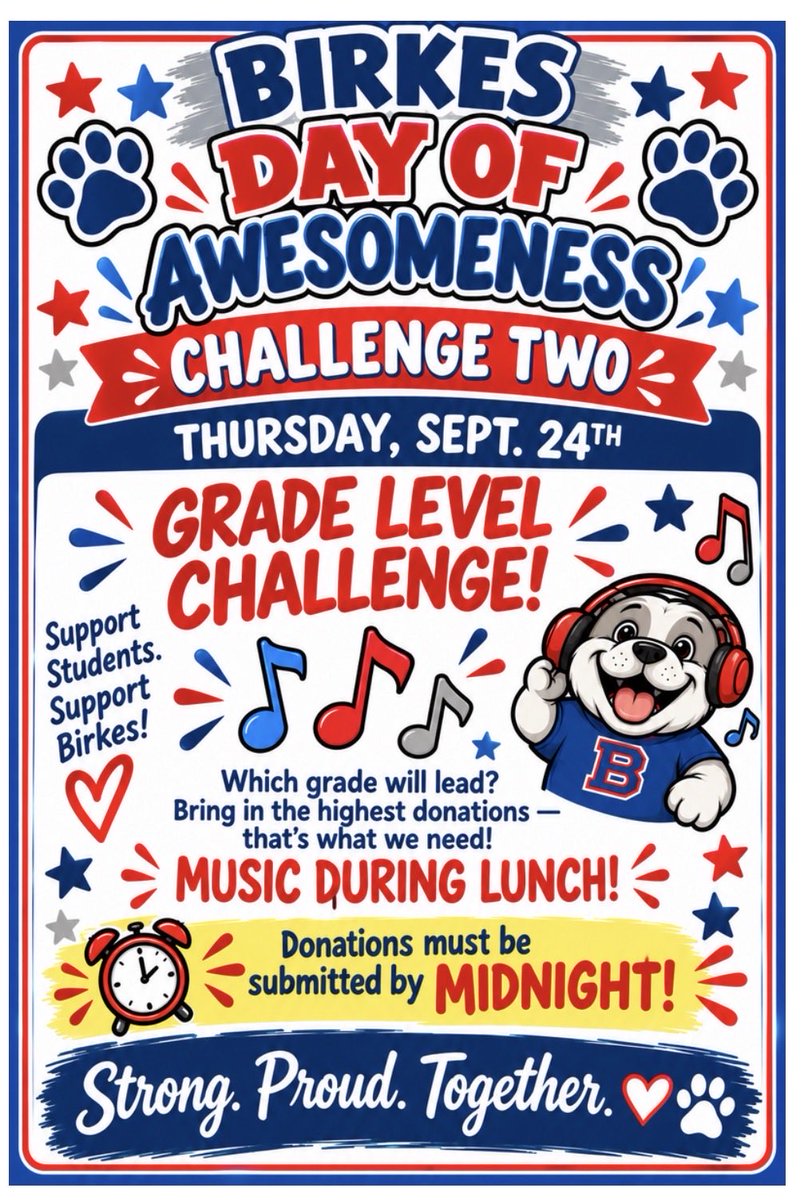 BirkesCFISD's tweet photo. Hi Bulldog Families! ❤️💙

Our Day of Awesomeness Fundraiser is off to an AWESOME start! We’ve already raised $17,666!! 🎉

🎵 DAY 2 CHALLENGE: MUSIC AT LUNCH! 🎶

The grade level with the most donations by MIDNIGHT TONIGHT wins music during lunch! Let’s go, Bulldogs! 🐾 https://t.co/G9ZhDFhdMT