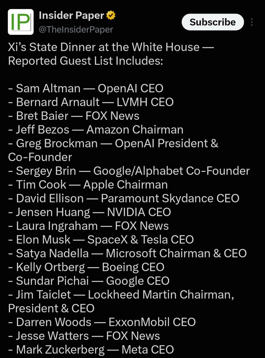 WeWillBeFree24's tweet photo. STOP 🚨 

Read the names attending Trump's Xi Dinner at the White House. 

Then read it again and again, until it computes. https://t.co/VBG3xuWEDe