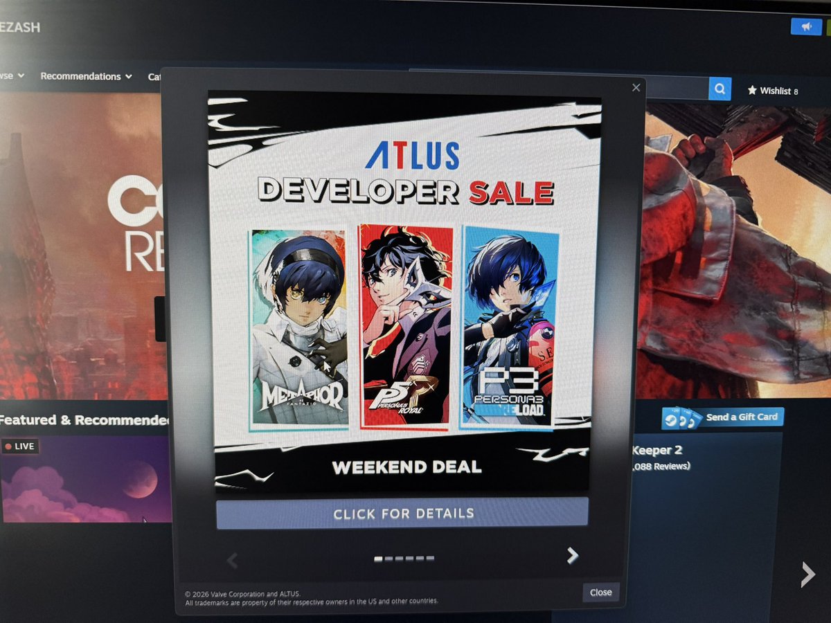 ezash's tweet photo. Jangan lupa kalo Atlus hari ini ngadain Developer Sale up to 70%

Kapan lagi kalian bisa dapet P3R &amp; P5R di harga 300rb an, Metaphor juga jadi 320rb ajah. Bahkan bundling P5R-P4G-P3P cukup jadi 123rb saja

Sikat ga sih guys~ https://t.co/NYJrVb7r56