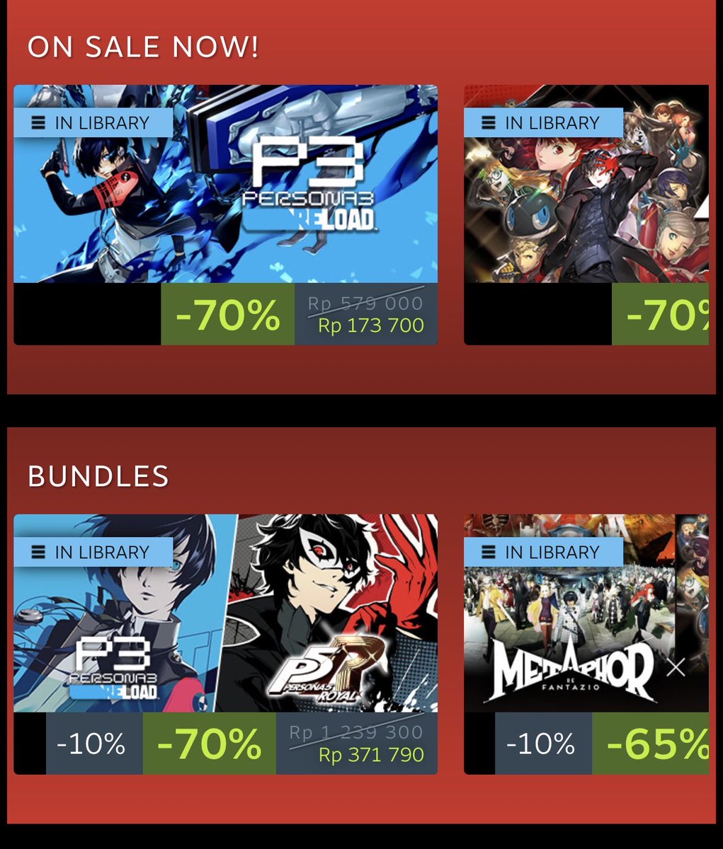 ezash's tweet photo. Jangan lupa kalo Atlus hari ini ngadain Developer Sale up to 70%

Kapan lagi kalian bisa dapet P3R &amp; P5R di harga 300rb an, Metaphor juga jadi 320rb ajah. Bahkan bundling P5R-P4G-P3P cukup jadi 123rb saja

Sikat ga sih guys~ https://t.co/NYJrVb7r56