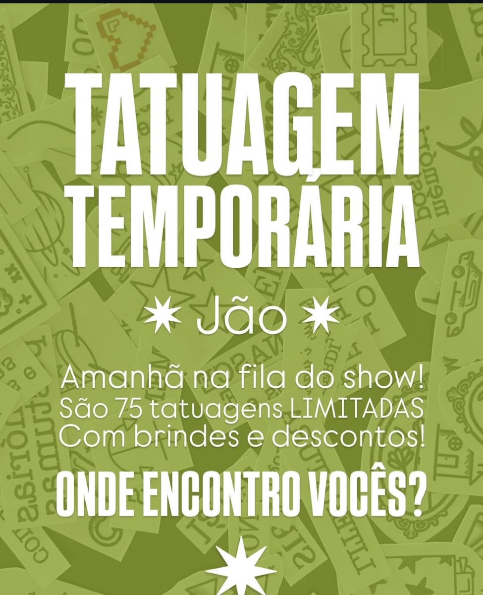 jaoftmarcob's tweet photo. TATUAGEM DE BRINDE? TEREMOS! 

a tatuadora Marcela ( @YUNGBLRRY ) estará amanhã na fila do show do Jão distribuindo algumas tatuagens temporárias de brinde!! https://t.co/wNjrorhCX4