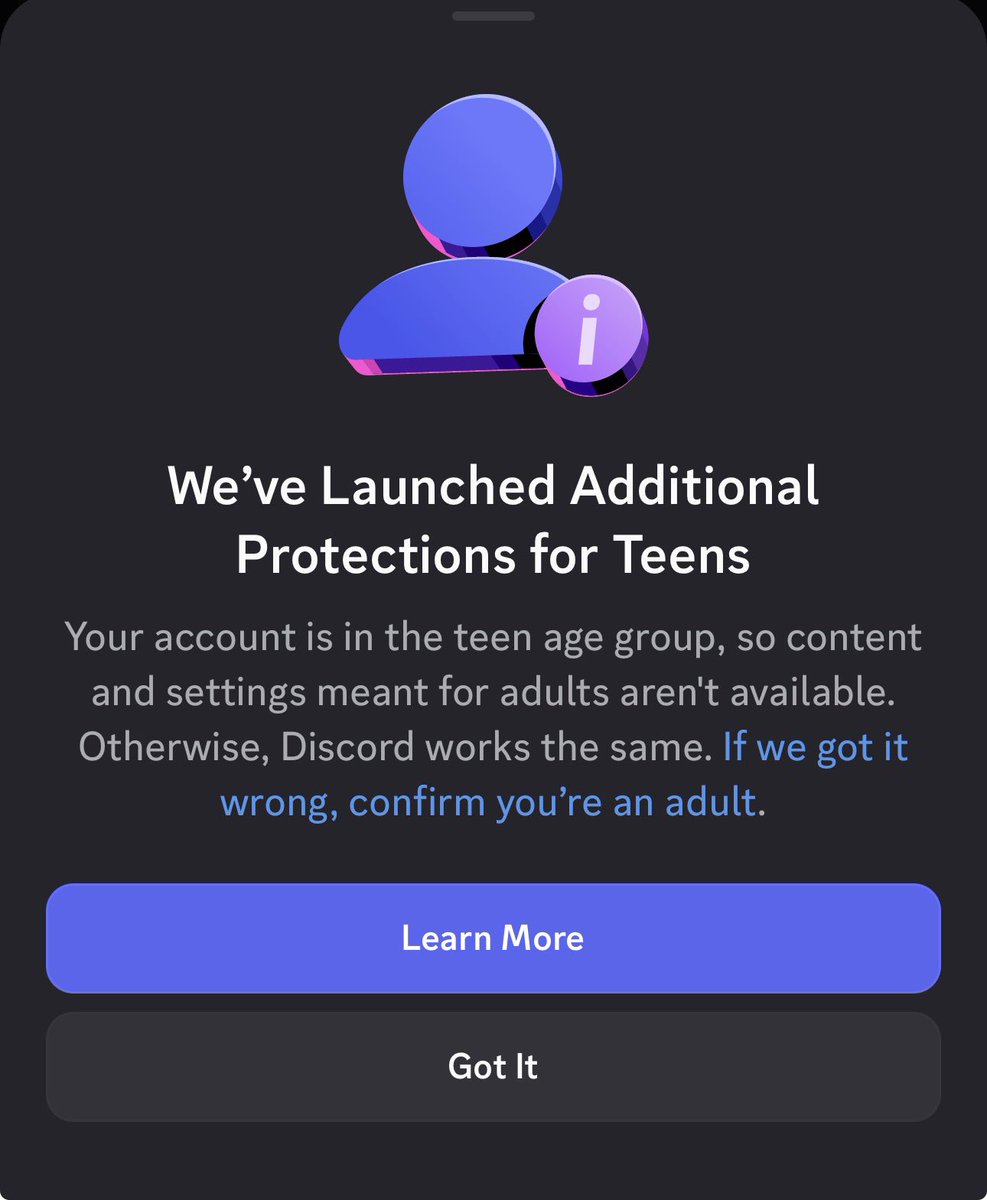 PurpleSteamers's tweet photo. I got hit with the verification… There was no way I was putting in my card or gov id. Thankfully I look like shit today and did the face scan, so Discord labeled me as an adult after they assumed I wasn’t. https://t.co/I38mtoa337