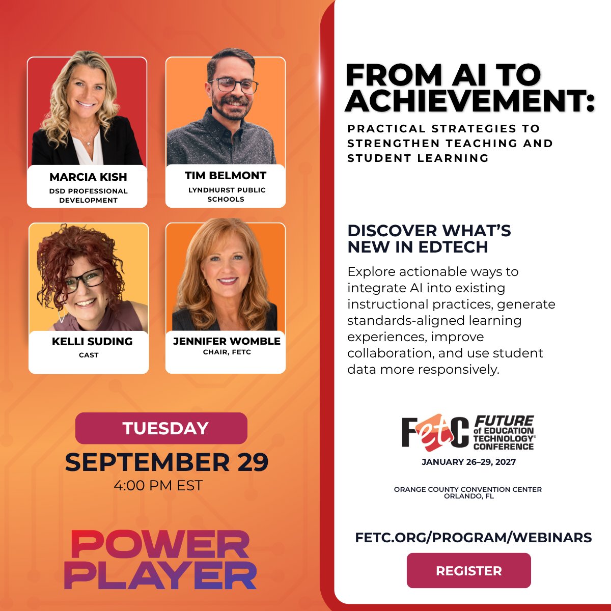 fetc's tweet photo. AI is changing K–12. How can educators put it to work? 🤖

Join @dsdPD, Tim Belmont, @ksuding , and @JenWomble for a FREE #FETC webinar on practical AI strategies for teaching and learning.

📅 Sept. 29 | 4 PM ET
🔗 https://t.co/MougCMvHBZ

#EdTech #AIinEducation https://t.co/foCdJj0Vof
