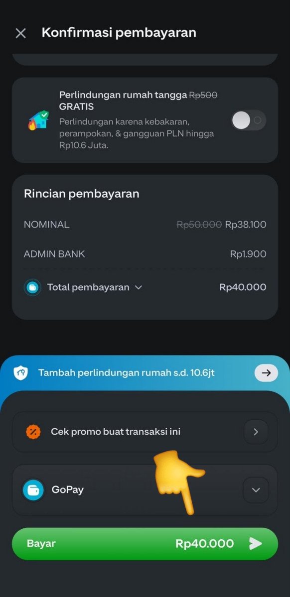 forjulyever's tweet photo. gopay lagi gopay lagi! selalu kasih promo yang bikin happy, beli token 50rb cuma bayar 40rb  udah gratis biaya admin lagi cuyy #DISKONPLNDIGOPAY https://t.co/r8FqWpdLkG