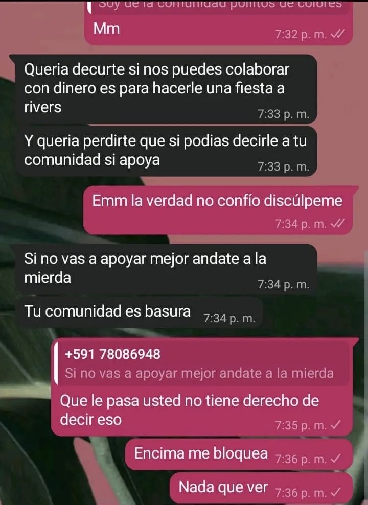 Clipssgg's tweet photo. Soy Joss, admin de Papullonas. Rechazamos involucrar a familia/amigos de Rivers sin respetar límites. También que una admin obtuviera el número de integrantes para pedir dinero y, ante una negativa, ofendiera a Papullonas. Ser fan no da derecho a involucrarse con Rivers o entorno https://t.co/BOpJZpclr5