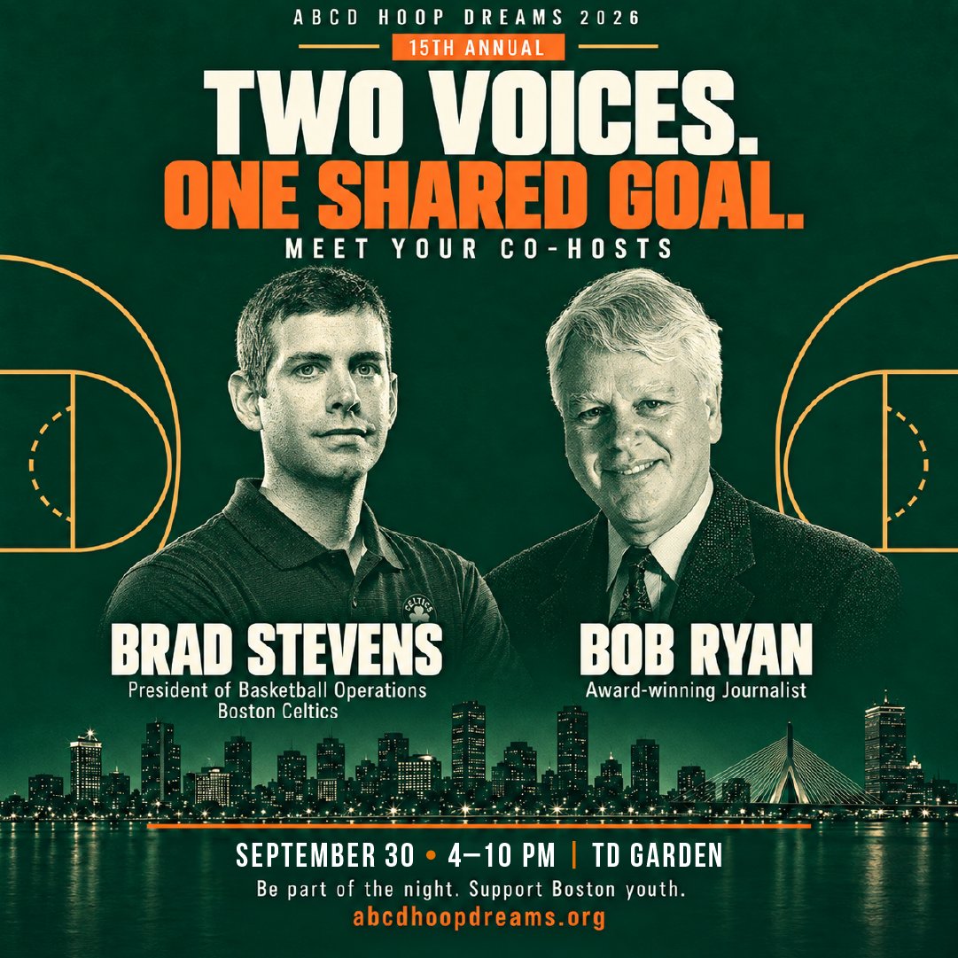 BostonABCD's tweet photo. Join Celtics GM Brad Stevens and legendary sports journalist Bob Ryan at Hoop Dreams 2026 for an exclusive discussion of all things basketball, from a preview of the 2026-27 NBA season to how the Celtics are making an impact in the community.

Learn more: https://t.co/WMPfTdj1Sq https://t.co/W223usBow3