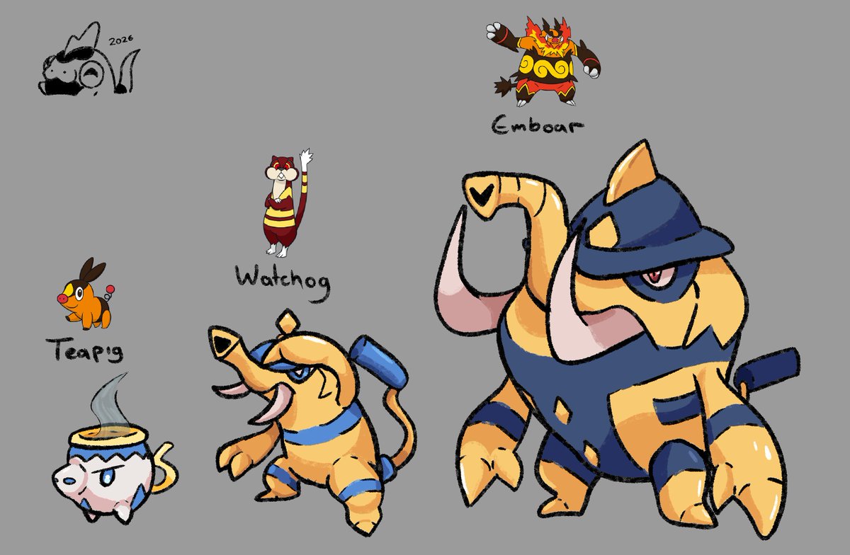 CarnekVT's tweet photo. What if we picked the exact same names to design an entirely different Pokémon line?

Like Teapig, Watchog, and Emboar fully embracing a teacup pig, a security hog, and a police cauldron✨

#SameNameNewPokemon #pokemon #Pokemonart https://t.co/0YQYbjVrRw