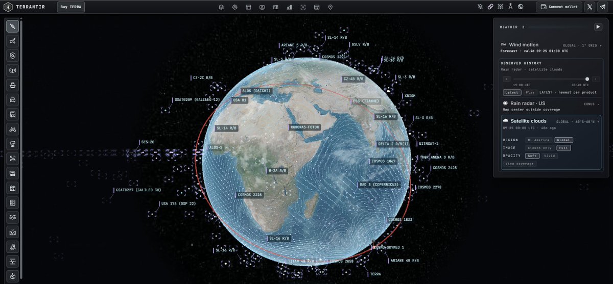 TERRANTIR_AI's tweet photo. TERRANTIR FROM ORBIT. 🛰️🌍

Zoom out and see the planet from above.

With satellite view, TERRANTIR lets you explore Earth with live orbital context, weather layers and global telemetry in one interface.

Track the live sky. Watch the systems. See the world behind the markets.

This is more than a map.
It’s a planetary intelligence layer.
See the forces moving the world.