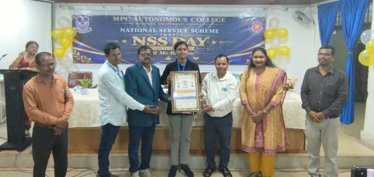 mpcautonsswing's tweet photo. M.P.C Autonomous  College NSS Wings proudly congratulates Ms. Nikita Patra on being honoured as the Best Volunteer College Level NSS Award(Female Unit). 
Her dedication,discipline and selfless service truly embody the spirit of NSS–Not Me But You.
Congratulations 🎉💐 https://t.co/mN4CF3oS9Z