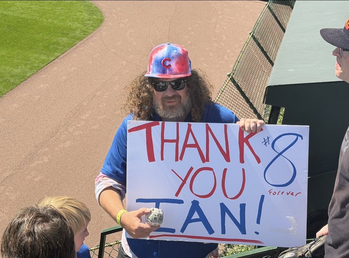 SetlockRay's tweet photo. Love the way Ian Happ took care of our boy @BleacherJeff Ian Happ today, not just tossing him a ball, but zoom in to the ball, there some cabbage 🥬 there for his season tickets next year…Class as Jeff takes care of so many kids getting them balls from players @CHGO_Cubs @Cubs https://t.co/3181gYDqHU