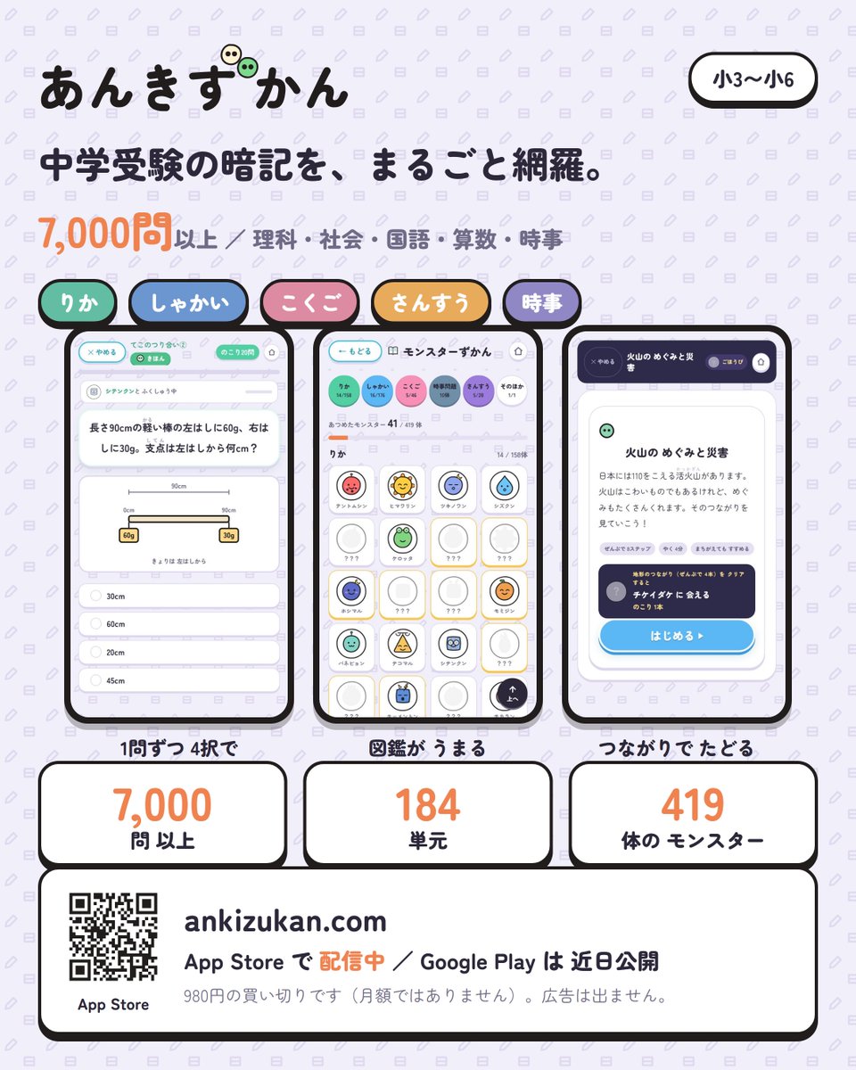ankizukan's tweet photo. 中学受験の大量の暗記単元を、アプリで網羅。
暗記単元は覚えてしまえば確実に点が取れます。暗記で点は落としたくない。
時間のない受験生でも、一問一答形式でさくさくと問題数をこなすことができるように作っています。 https://t.co/12vtvPxRww