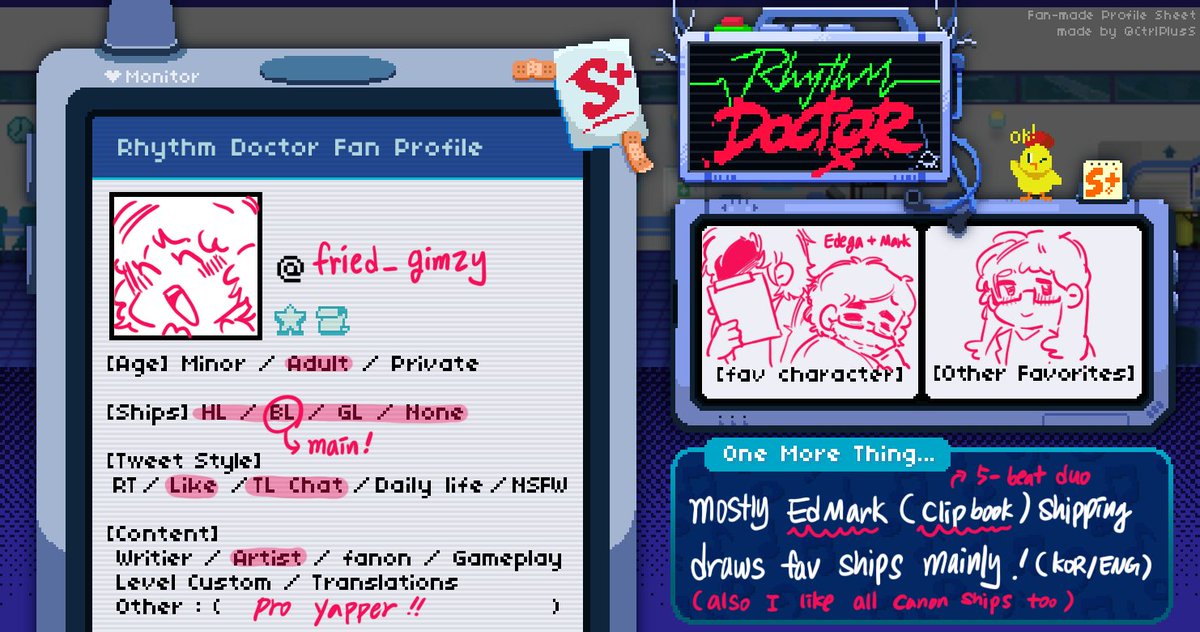 fried_gimzy's tweet photo. #리듬닥터_트친소
#리닥_트친소

I'm Gimzy on Tumblr / RDL, first time on twitter (X)! Hope you guys enjoy my stuffs in my account 👀

텀블러 / RDL에서 활동하다가 트위터로 넘어왔습니다! 한국어 &amp; 영어 둘 다 사용해요 (아마 트위터는 한국어 위주로 사용할 것 같아요) 잘 부탁드립니다! https://t.co/HOfsde9LYh