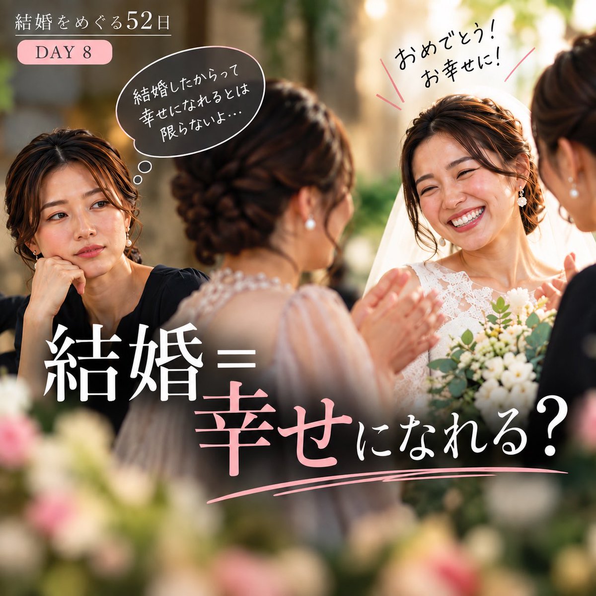 noritamiross's tweet photo. 結婚をめぐる52日｜DAY 8
【結婚＝幸せになれる？】

結婚の報告を聞くと、
「おめでとう！お幸せに」と言ったりします。

でも、自分の結婚生活がうまくいっていなかったら、笑顔で「お幸せに」と言いながら、心の中では、

「結婚したからって、幸せになれるとは限らないよ」なんて思っていることもあるかもしれません。

好きな人と出会って、愛し合って、結婚する。そして、幸せになる。

結婚には、そんなイメージもあります。

でも、現実を見てみると、

愛し合って結婚した二人が、いつの間にか一番わかり合えない相手になっていたりする。

あんなに好きだったのに、顔を見るだけで腹が立つ。

一緒に幸せになりたかったはずなのに、

「この人と結婚したのは、間違いだったのかもしれない」と思うことさえある。

そして、愛し合って結婚した二人が、離婚を選ぶこともある。

だとしたら、
「結婚したら幸せになれる」って、どういうことなんだろう？

昨日は、
「結婚＝自由を失う？」

今日は、
「結婚＝幸せになれる？」

私たちは、知らないうちにいろんな「結婚観」を持っています。

でも、

そもそも私たちは、
「結婚」って何だと思っているんだろう？

もし、私たちが当たり前だと思ってきた
「結婚」というものを、一度見直してみたら

そこから、今まで想像もしなかった
男と女の未来が見えてくるかもしれない。

そんなことを、私たちは研究しています。

＊＊＊＊

11月8日、大阪・梅田
【人生の「なぜ」を、新しい視点で見つめる一日】

恋愛・結婚、家族、子育て、仕事、病気など、人生に現れるさまざまな「なぜ？」を、7つの研究テーマから紐解きます。

私たち恋愛・結婚部門のテーマは、

「なぜ、人は結婚するのか？」

私たちが研究してきたことをお伝えするとともに、

「結婚って、こんなふうにも見られるんだ」

そんな新しい視点を、
体験してもらえる一日です。

2026年11月8日（日）
梅田サウスホール
参加無料・事前申込制

詳細・お申し込み
https://t.co/fBJCPGIGnP

#なぜ人は結婚するのか
#結婚の本質
#ネオジェネシス研究所
