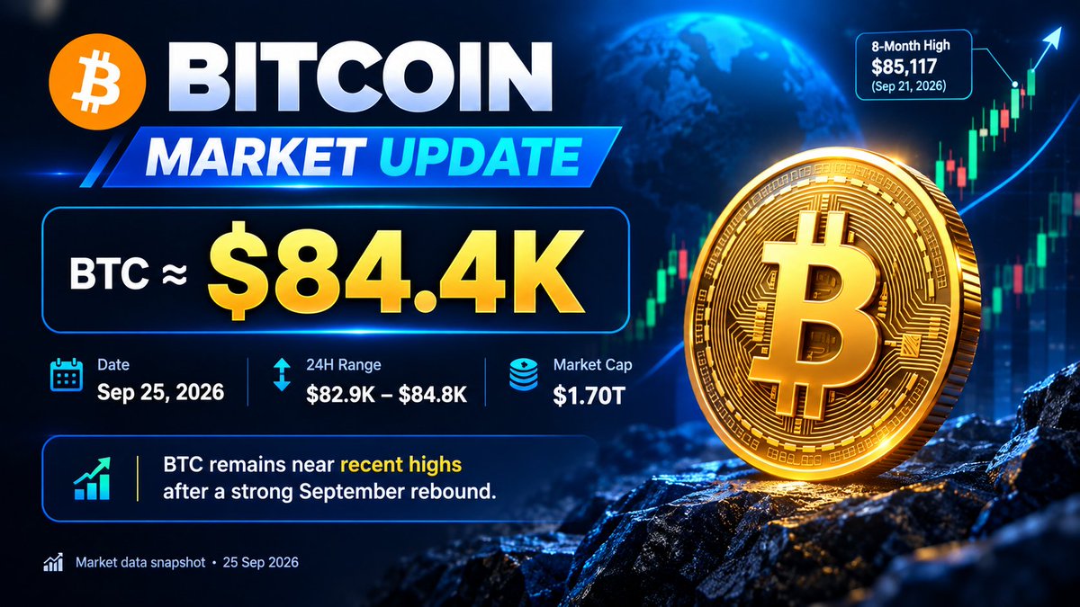 Cryptonix_2's tweet photo. 🚀 **Bitcoin Market Update — Sep 25, 2026**

$BTC is currently trading around **$84.4K**, staying close to its recent highs after a strong September rebound. 📈

🔥 Recent high: **$85,117**
📊 24H range: **$82.9K – $84.8K**
💰 Market Cap: **~$1.70T**

Bitcoin continues to remain one of the most closely watched assets in the crypto market.

**Stay informed. Watch the market. Think long-term. ₿🚀**

#Bitcoin #BTC #Crypto #BitcoinUpdate #CryptoMarket