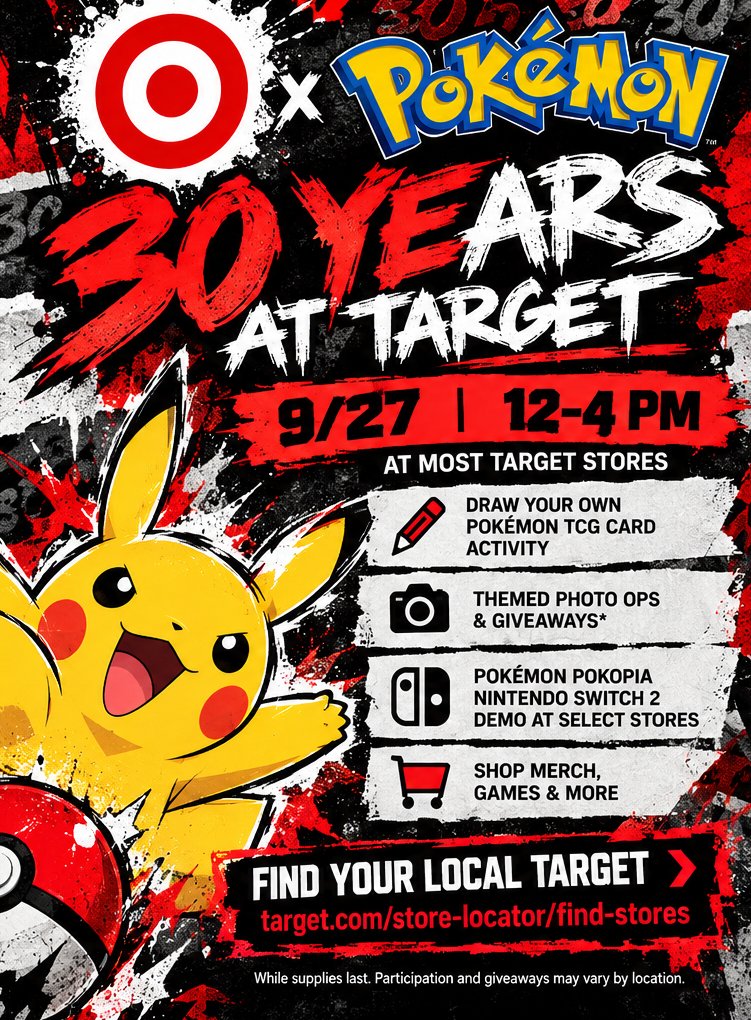 RipAllYoIsh's tweet photo. TARGET SAID POKÉMON PEOPLE GET IN HERE.

Pokémon's 30th Anniversary celebration is hitting most Target stores September 27 from 12–4 PM.

Giveaways. Photo ops. Draw your own Pokémon TCG card. Pokémon merch. And select stores are getting Pokémon Pokopia Nintendo Switch 2 demos.

Basically, don't be sitting at home Sunday and then ask why everybody else got free Pokémon shit.

Find your local Target:
 https://t.co/o2DABpNmTy

Giveaways are while supplies last. Participation varies by location.

#Pokemon #Pokemon30 #PokemonTCG #Target #PokemonPokopia #NintendoSwitch2