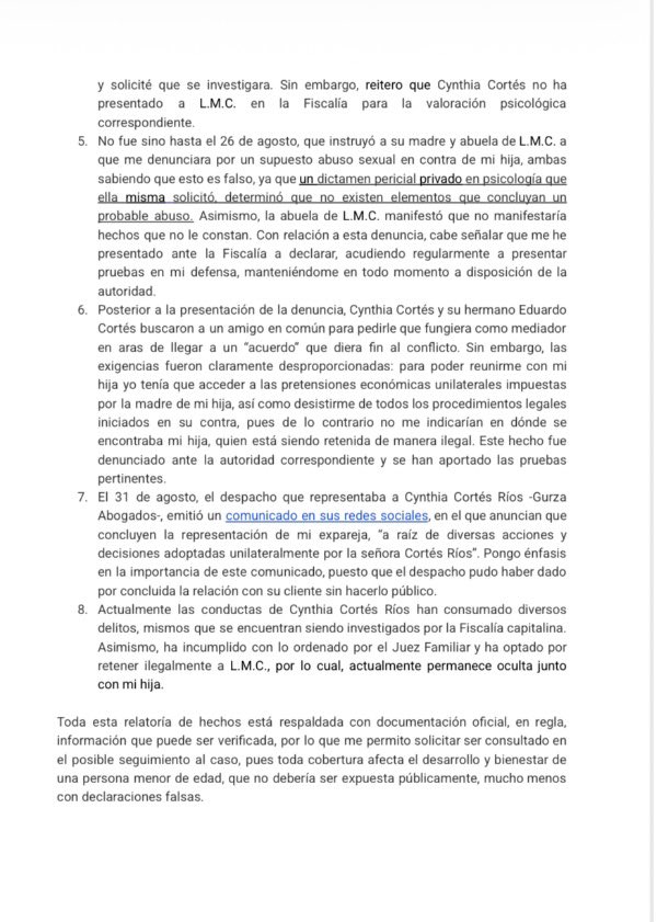 yohaliresendiz's tweet photo. .📍#CDMX 
DERECHO DE RÉPLICA

Hace unas horas compartí públicamente el caso de Cinthya Cortés Ríos, quien me buscó para denunciar la situación que enfrenta en torno a su hija de tres años.

A partir de esa publicación, el reconocido abogado Marco Tulio Martínez, padre de la menor, se puso en contacto conmigo y me hizo llegar esta carta para exponer su versión de los hechos y responder a los señalamientos realizados en su contra.

Por responsabilidad periodística y porque toda persona tiene derecho a expresar su postura frente a una acusación pública, comparto íntegramente el documento.

Es importante precisar que lo señalado en esta carta corresponde a la versión y afirmaciones de Marco Tulio Martínez. Entre otras cosas, sostiene que existe una resolución sobre la guarda y custodia provisional de la niña, que se presentó ante la Fiscalía capitalina tras conocer la denuncia por presunto abuso sexual y que ha aportado pruebas dentro de los procedimientos correspondientes.

Este caso involucra acusaciones graves de ambas partes que deben ser investigadas y resueltas por las autoridades, no por las redes sociales.

Como periodista, mi responsabilidad es escuchar, documentar, contrastar y verificar. Y por encima de cualquier conflicto entre adultos debe prevalecer una sola prioridad: el interés superior y la protección de una niña de tres años.

Seguiré atenta al caso.