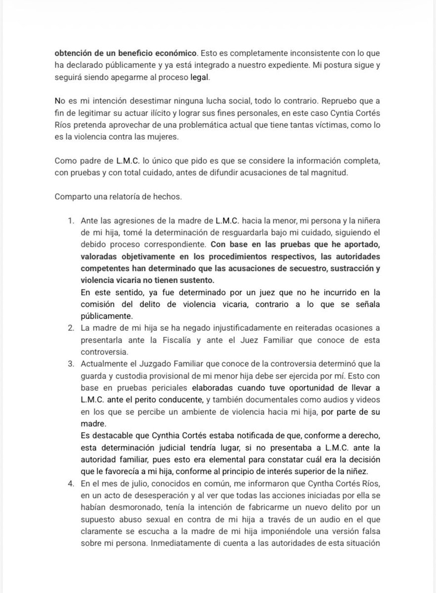 yohaliresendiz's tweet photo. .📍#CDMX 
DERECHO DE RÉPLICA

Hace unas horas compartí públicamente el caso de Cinthya Cortés Ríos, quien me buscó para denunciar la situación que enfrenta en torno a su hija de tres años.

A partir de esa publicación, el reconocido abogado Marco Tulio Martínez, padre de la menor, se puso en contacto conmigo y me hizo llegar esta carta para exponer su versión de los hechos y responder a los señalamientos realizados en su contra.

Por responsabilidad periodística y porque toda persona tiene derecho a expresar su postura frente a una acusación pública, comparto íntegramente el documento.

Es importante precisar que lo señalado en esta carta corresponde a la versión y afirmaciones de Marco Tulio Martínez. Entre otras cosas, sostiene que existe una resolución sobre la guarda y custodia provisional de la niña, que se presentó ante la Fiscalía capitalina tras conocer la denuncia por presunto abuso sexual y que ha aportado pruebas dentro de los procedimientos correspondientes.

Este caso involucra acusaciones graves de ambas partes que deben ser investigadas y resueltas por las autoridades, no por las redes sociales.

Como periodista, mi responsabilidad es escuchar, documentar, contrastar y verificar. Y por encima de cualquier conflicto entre adultos debe prevalecer una sola prioridad: el interés superior y la protección de una niña de tres años.

Seguiré atenta al caso.