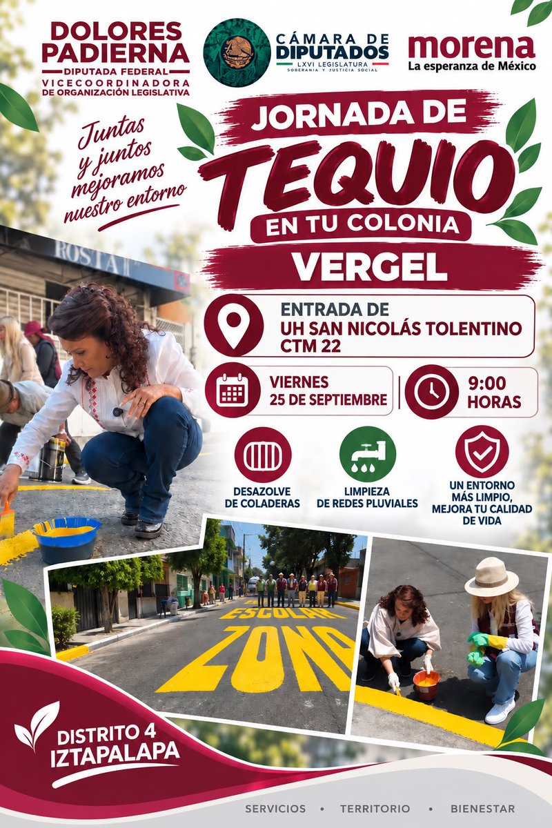 Dolores_PL's tweet photo. 🏘️🚶🏻♀️ ¡Tequio en tu colonia!
Este viernes 25 de septiembre nos organizamos junto con vecinas y vecinos de la colonia El Vergel, #Distrito4 en #Iztapalapa. 🤝✨
📍 Calle Técnicos y Manuales No. 30, Colonia El Vergel
🏘️ Unidad Habitacional San Nicolás Tolentino
⏰ 09:00 horas
¡Les esperamos! 💪🏻🌿
Juntas y juntos seguimos fortaleciendo nuestra comunidad.
#TequioEnTuColonia #ElVergel #Distrito4 #Iztapalapa #TrabajoComunitario #DoloresDiputada