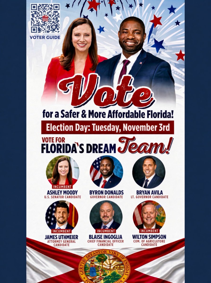 repubfan's tweet photo. @EricLDaugh VOTE 🗳️ ON NOVEMBER 3RD FOR FLORIDA’S DREAM TEAM — THEY WILL NEVER LET YOU DOWN #KeepFloridaFree 
@ByronDonalds @SenAshleyMoody https://t.co/v01xlEKdo9