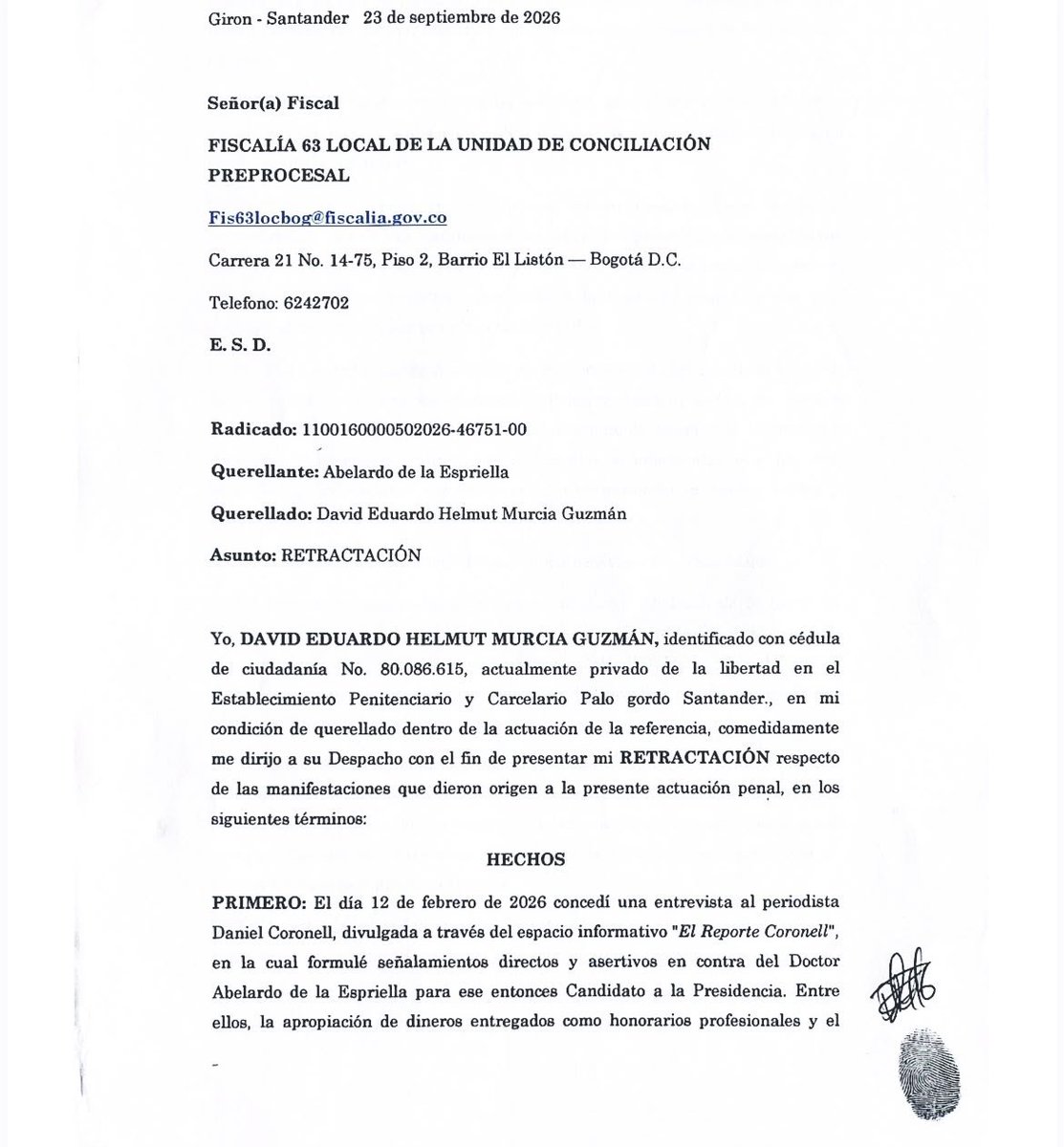 ELTIEMPO's tweet photo. #Atención David Murcia se retracta de acusaciones contra el presidente Abelardo De La Espriella y revela que lo hizo tras oferta para ser gestor de paz del Gobierno Petro

El creador de DMG se retractó de los señalamientos contra Abelardo De La Espriella, quien fue su abogado en el caso de la pirámide. 👇

El escrito, que ha sido compartido ampliamente en redes por varios medios de comunicación.

#DavidMurcia #DMG #AbelardoDeLaEspriella #GustavoPetro #Colombia
