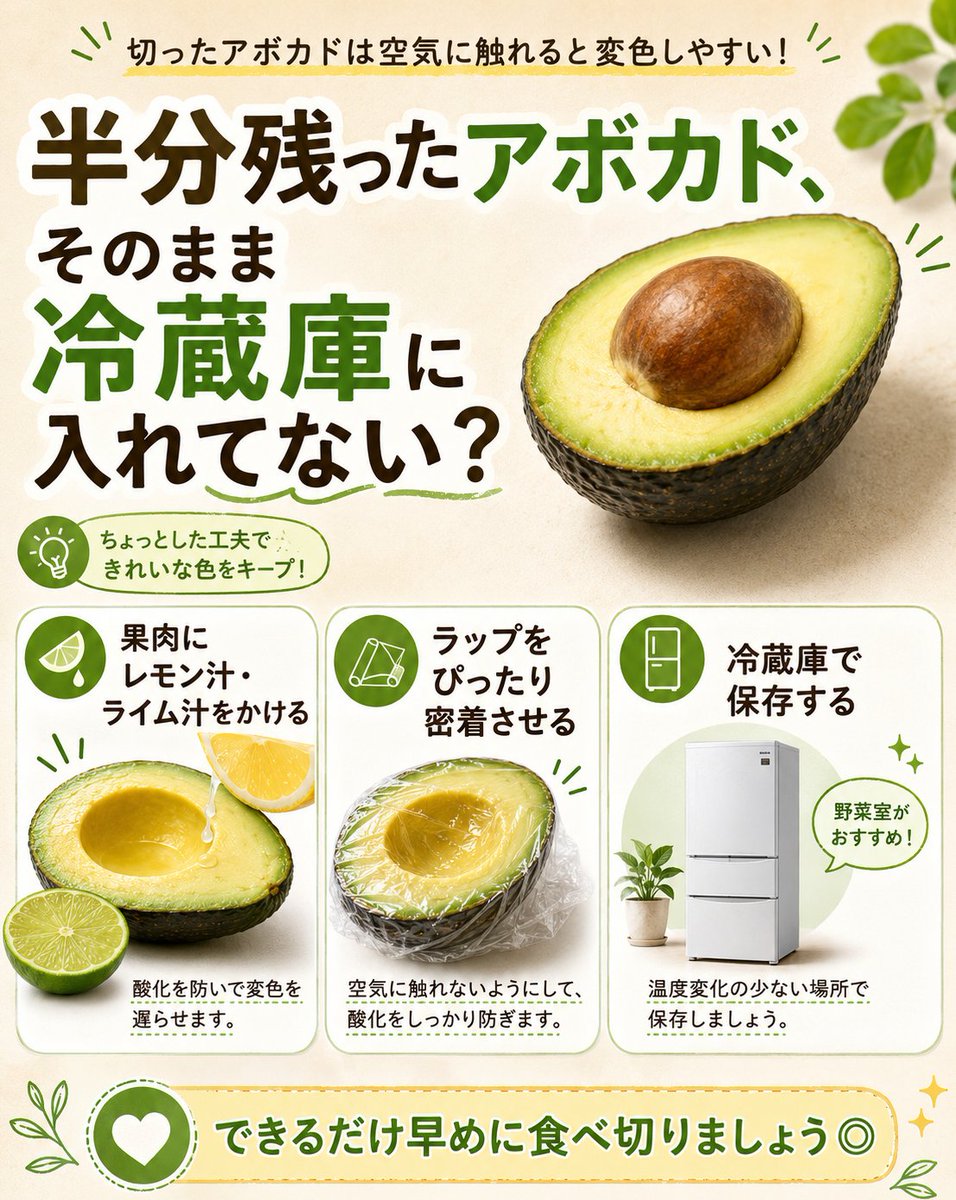 moa_eat's tweet photo. 🥑 半分残ったアボカド、そのまま冷蔵庫に入れていませんか？

切ったアボカドは空気に触れると変色しやすくなります。
保存するときは、

👉 果肉にレモン汁やライム汁をかける
👉 ラップをぴったり密着させる
👉 冷蔵庫で保存する

この3つがポイントです。
できるだけ早めに食べ切りましょう◎

#アボカド #保存方法 #食品ロス削減