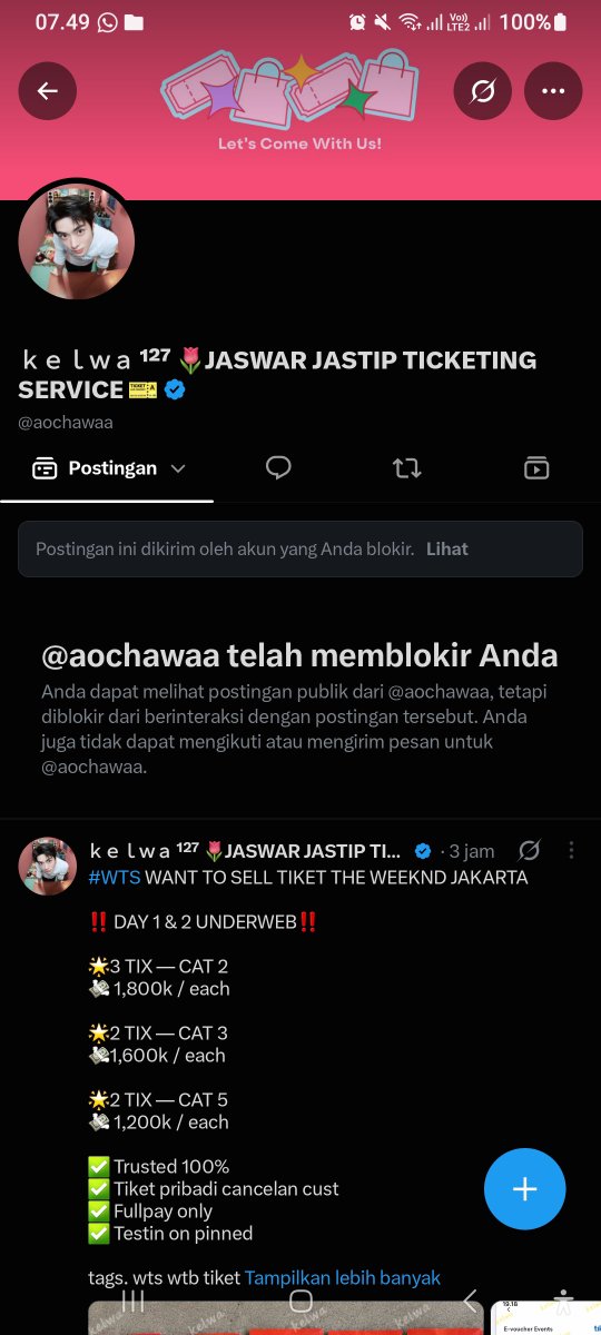 aiaivaa's tweet photo. ‼️SCAMMER TIKET KONSER‼️
GUYS DIA UDH GANTI USN BERKALI" HATI-HATI YA 
ini usn baru nya @aochawaa 
sampe skrg masih aktif jualin tiket scam!!
GA CUMA TIKET KONSER KPOP DIA JUGA JUALIN TIKET PESPOR !!! https://t.co/0jGgIA3GL5