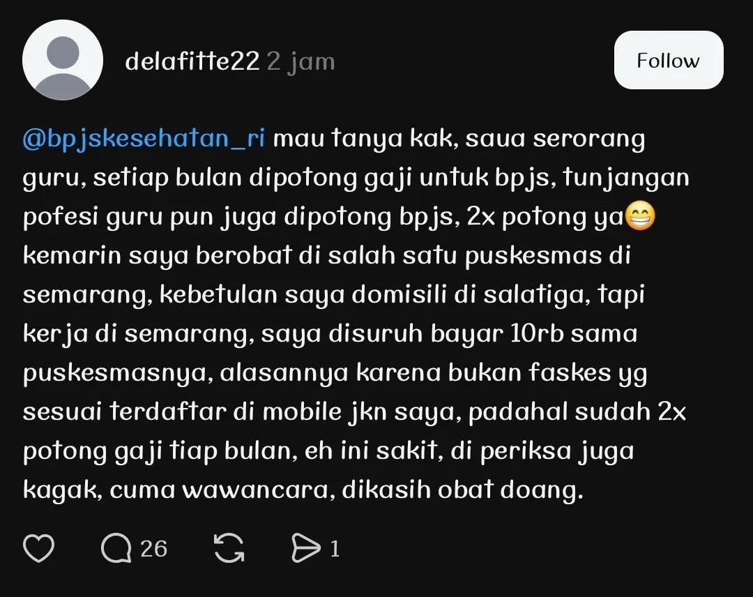NakesPuskesmas's tweet photo. Sekedar informasi aja nih, sistem pembiayaan di Puskesmas itu pake sistem kapitasi, dimana BPJS membayarkan ke Faskes 1 sesuai dengan jumlah kepesertaan yang terdaftar di Faskes tersebut. Dari uang itulah kemudian dipake buat membayarkan jasa pelayanan Nakes, beli obat, bahas medis serta alat kesehatan.

Nah, ketika seseorang faskesnya di Puskesmas A kemudian berobat di Puskesmas B, maka konsekuensinya ada hak orang lain di Puskesmas B yg sebenarnya diambil.

Lagian sejak ada M-JKN, perpindahan faskes itu udah mudah banget sebenarnya 😌