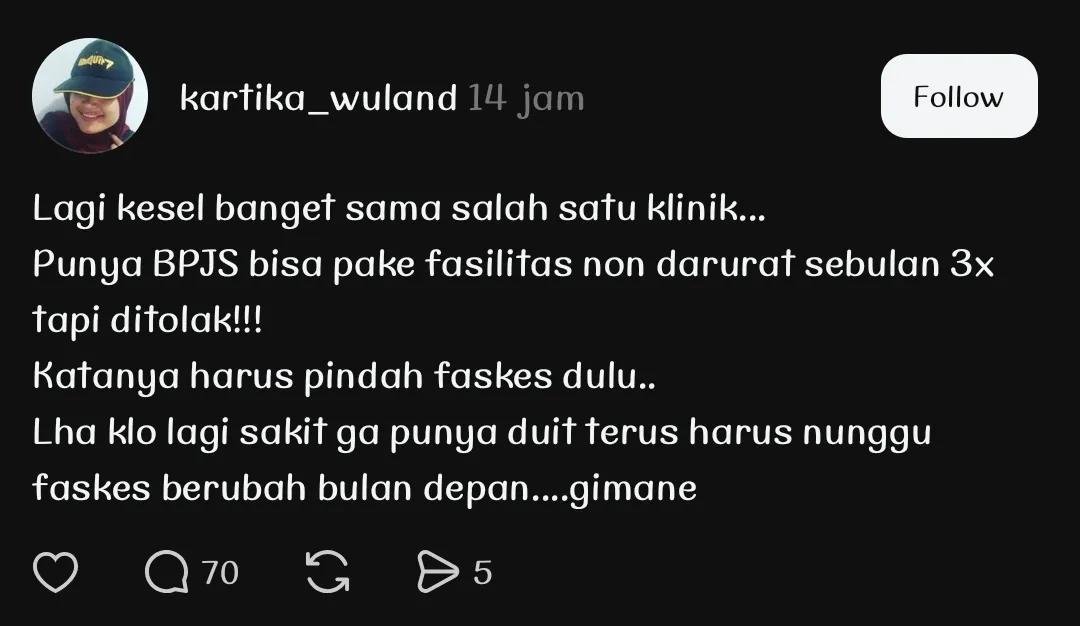NakesPuskesmas's tweet photo. Sekedar informasi aja nih, sistem pembiayaan di Puskesmas itu pake sistem kapitasi, dimana BPJS membayarkan ke Faskes 1 sesuai dengan jumlah kepesertaan yang terdaftar di Faskes tersebut. Dari uang itulah kemudian dipake buat membayarkan jasa pelayanan Nakes, beli obat, bahas medis serta alat kesehatan.

Nah, ketika seseorang faskesnya di Puskesmas A kemudian berobat di Puskesmas B, maka konsekuensinya ada hak orang lain di Puskesmas B yg sebenarnya diambil.

Lagian sejak ada M-JKN, perpindahan faskes itu udah mudah banget sebenarnya 😌