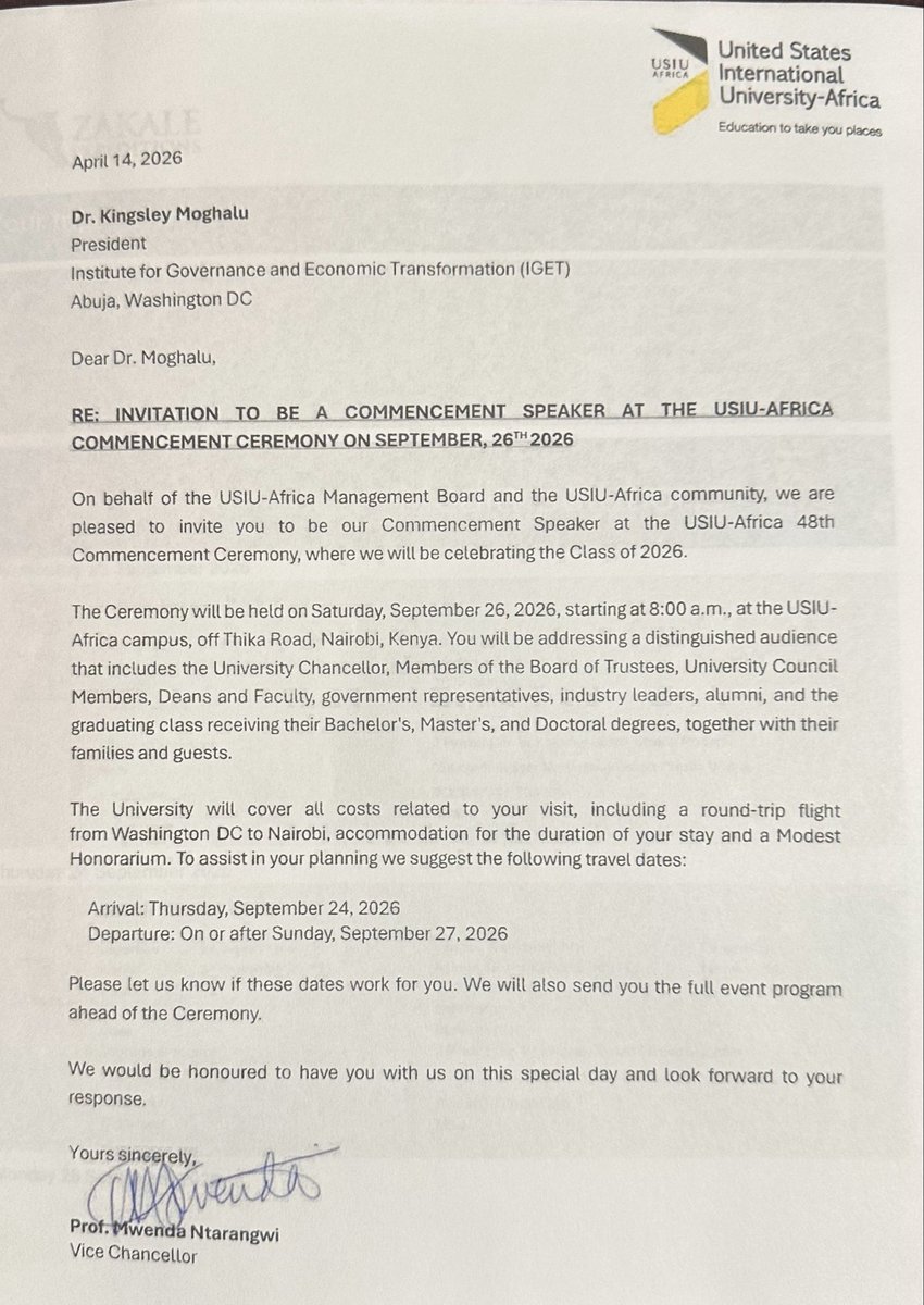 MoghaluKingsley's tweet photo. I am looking forward to two important professional engagements in East Africa this weekend and next week: I will serve as the Commencement (Convocation) Anniversary Speaker at the 48th Commencement Anniversary of the United States International University- Africa @ExperienceUSIU on 26th September in Nairobi, Kenya, and I will deliver the Keynote Address at the Chairpersons and CEOs of State Owned Enterprises Forum 2026 in Arusha, Tanzania on 29 September, convened by Tanzania’s Office of the Treasury Registrar. The latter event will be presided by the President of Tanzania, @SuluhuSamia . En route!