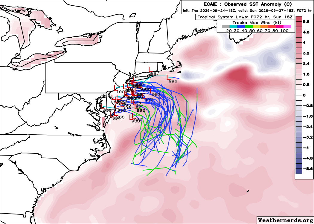 burgwx's tweet photo. Google DeepMind shows a 33% chance of a tropical storm. ECMWF's tropical cyclone probabilities from EPS &amp; AIFS exceed 80%. Surely that means this nor'easter will be a tropical storm, right?

Short answer... it's not that simple.

Breaking down why in this thread 🧵 https://t.co/GYUPF3srTb