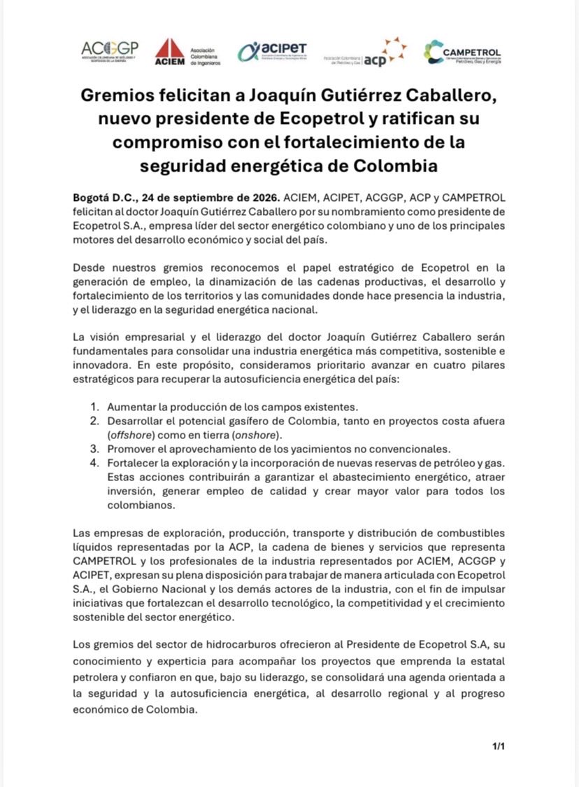 campetrol's tweet photo. Desde @ACIEM_Oficial , @Acipet_CO , @acggp_energia , @ACP_Colombia y @campetrol felicitamos a Joaquín Gutiérrez Caballero por su nombramiento como presidente de Ecopetrol.

Reiteramos nuestra disposición para trabajar unidos por la seguridad y autosuficiencia energética de Colombia. 🇨🇴

📄 Comunicado completo:
