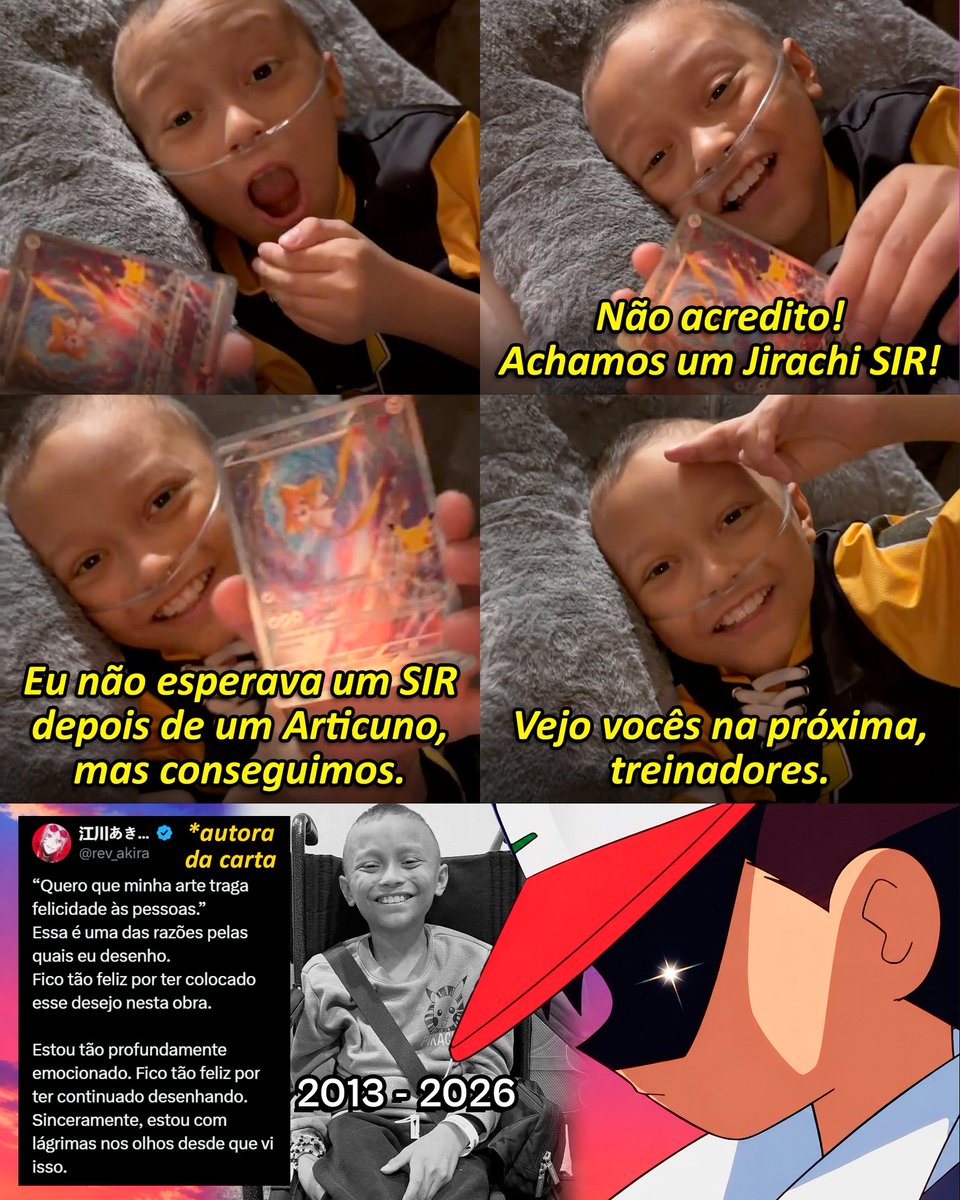 SucumbaGames's tweet photo. Avery The Poke Kid era um menino de 12 anos que se popularizou abrindo pacotes de cartas Pokémon TCG e compartilhando sua paixão por colecionar. Ele faleceu em 18 de setembro de 2026, após quase oito anos convivendo com pancreatoblastoma em estágio 4 (câncer pancreático raro).

A família compartilhou o vídeo da última abertura de pacotes nesta segunda-feira (22 de setembro). Nele, Avery abre um produto de celebração dos 30 anos do Pokémon e consegue pulls especiais (incluindo um Jirachi SIR). Pouco antes de partir, a comunidade de Pokémon o ajudou a passar dos 100 mil inscritos no YouTube e a receber a placa de prata.

A autora da carta viu o vídeo e se emocionou com o momento.