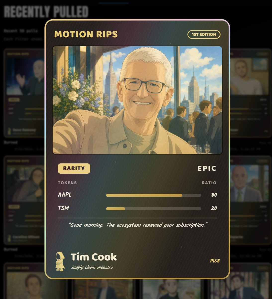 motiontip's tweet photo. Tim Apple epic pulled! 

80% AAPL
20% TSM

Wonder how he's been these days. Hopefully enjoying his retirement.

Congrats on the rip! https://t.co/vsHKIInU7s