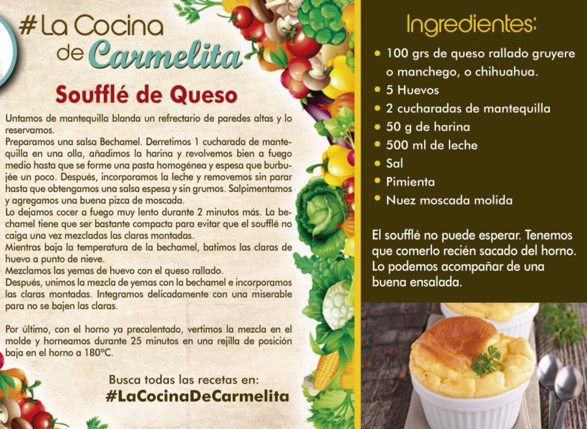 CarLon_2020's tweet photo. El SOUFFLÉ DE QUESO es una delicia de LA COCINA FRANCESA, a mis tres hijos les fascina.
No le tengan miedo al horno el secreto es precalentarlo y dejar enfriar los soufflés dentro del horno. Puede presentarse también de manera individual. #LaCocinaDeCarmelita https://t.co/8PEwMALGrt