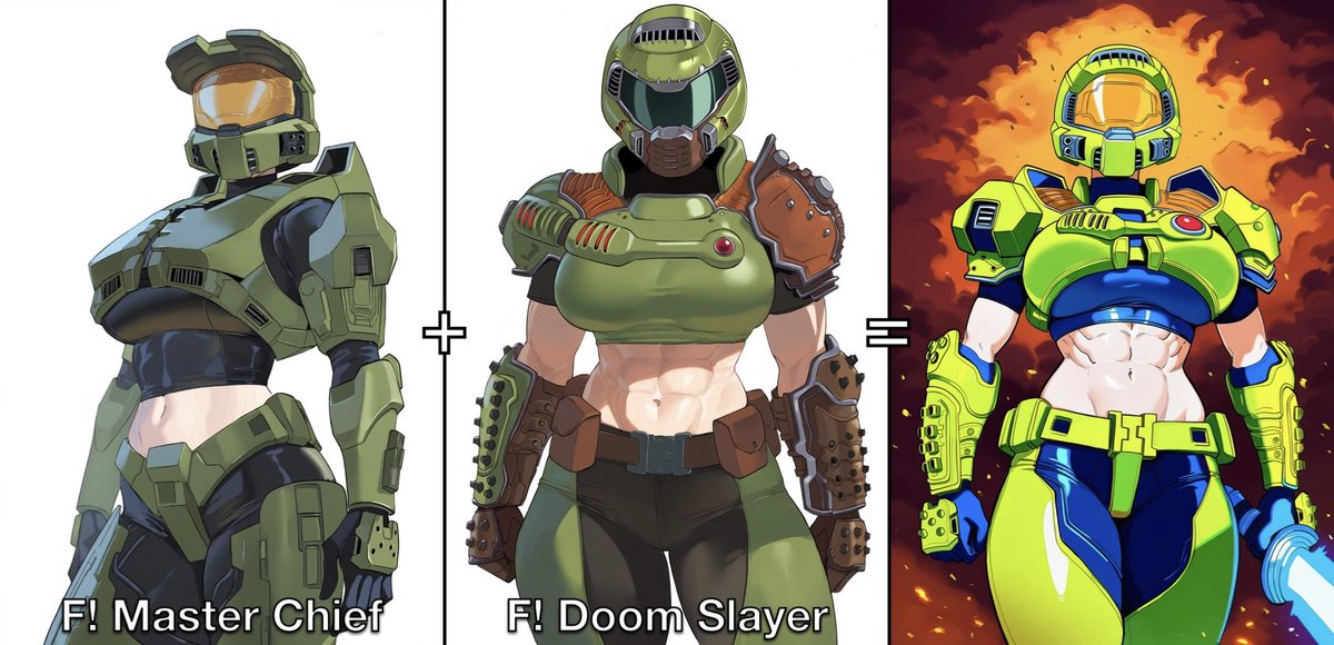 PyroKnightAI's tweet photo. “Master Chief, you mind telling me what you’re doing in that fusion?” “Sir, supplying midriff”

Fusions!

Enjoy~

#AI #AIart #NovelAI #Marvel #Spawn #MHA #MyHeroAcademia #JJK #JujutsuKaisen #Halo #Doom #GurrenLagann #DC https://t.co/mSxhVcqjpF