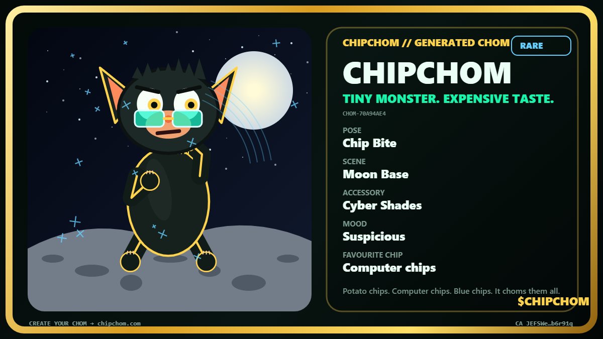 chipchomcoin's tweet photo. CHIPCHOM is still hungry 👾

🥔 Potato chips
🖥️ Computer chips
📈 Blue chips
💸 NVDAX rewards
The token is live, the Chom Lab is open, and the reward mechanism is running on-chain.
Roll yours:
https://t.co/NM82sNrSZt
#CHIPCHOM #Solana https://t.co/8rLTJRqN21