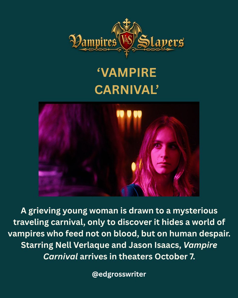 EdGross's tweet photo. These vampires don’t feed on blood, but on despair. 🧛🎪
Vampire Carnival, starring Nell Verlaque and Jason Isaacs, turns a mysterious traveling carnival into the gateway to a hidden vampire world.
In theaters Oct. 7. https://t.co/oPBkLVmaPL  #Vampires #HorrorMovies #GothicHorror https://t.co/RbkgI72YHF