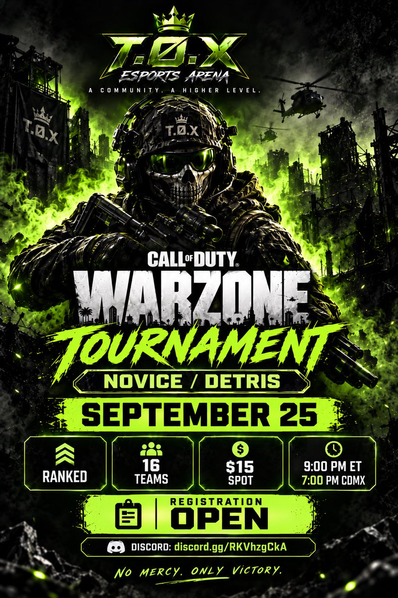 ToxEsp0rts's tweet photo. 🔥 T.Ø.X ESPORTS ARENA — SEPTEMBER 25 🔥

🎮 NOVICE / DETRIS
🏆 RANKED
👥 16 TEAMS
⏰ 9:00 PM ET | 7:00 PM CDMX
💵 $15 SPOT
⚠️ ELITE MAX POR TEAM

📲 DISCORD: https://t.co/HjRP51IjGA

#Warzone #CODWarzone #TOXEsports #WarzoneTournament https://t.co/YMvB5L5ZiC