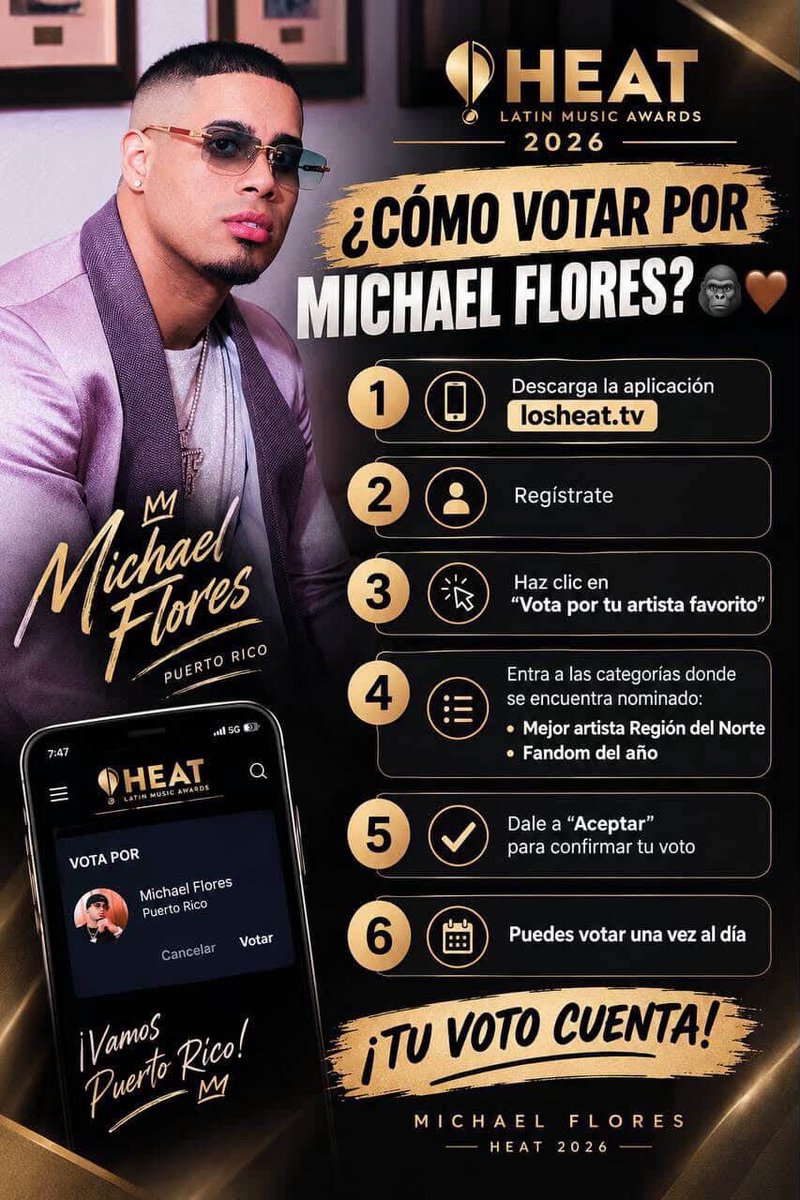 PerverFlores's tweet photo. 🤎 ¡Team, todos activos¡ Vota por Michael Flores en Mejor Artista Región del Norte y Fandom del Año. 🗳️🔥 Un voto cada día cuenta. Año en los Premios Heat 2026.

#ElManicomio #michaelflorees https://t.co/AtAt7ASbA3