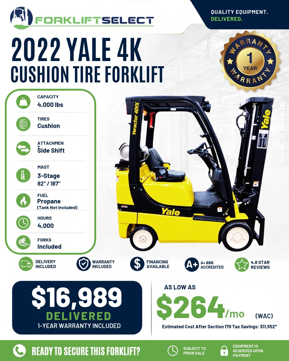 Forklift_Select's tweet photo. Need reliable warehouse power? The 2022 Yale 4K Cushion Tire Forklift is ready to work. Get delivery + warranty with every purchase, plus up to 2 years Parts &amp; Labor Warranty on eligible lifts.👉 Shop now! #ForkliftSelect https://t.co/WEoP1YsqhE