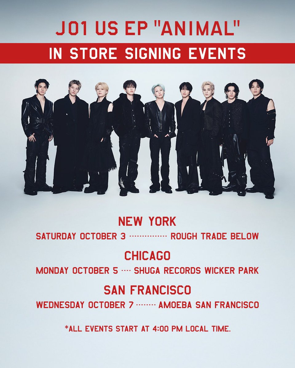 official_jo1's tweet photo. [📢] JO1 US EP "ANIMAL"
IN STORE SIGNING EVENT ANNOUNCEMENT

To celebrate the release of JO1 US EP "ANIMAL", in store signing events will be held in 3 cities! ✍️✨

📅 Schedule & Cities *local time
📍 New York: 
Oct 3 (Sat) 16:00 @ Rough Trade Below
📍 Chicago:
Oct 5 (Mon) 16:00 @ Shuga Records Wicker Park
📍 San Francisco: 
Oct 7 (Wed) 16:00 @ Amoeba San Francisco

Entry and reservation methods vary by city. 
Please read the details & guidelines before participating!

Check here for details:
🔗https://t.co/Z406dpiOUF

#JO1 #JO1_ANIMAL