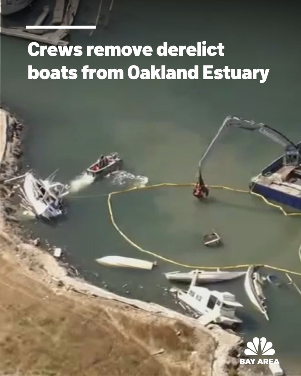 nbcbayarea's tweet photo. Crews spent time removing derelict boats from the Oakland Estuary as part of a massive cleanup effort. https://t.co/Ntxqj0aK52 https://t.co/PsIyeQ8H2g