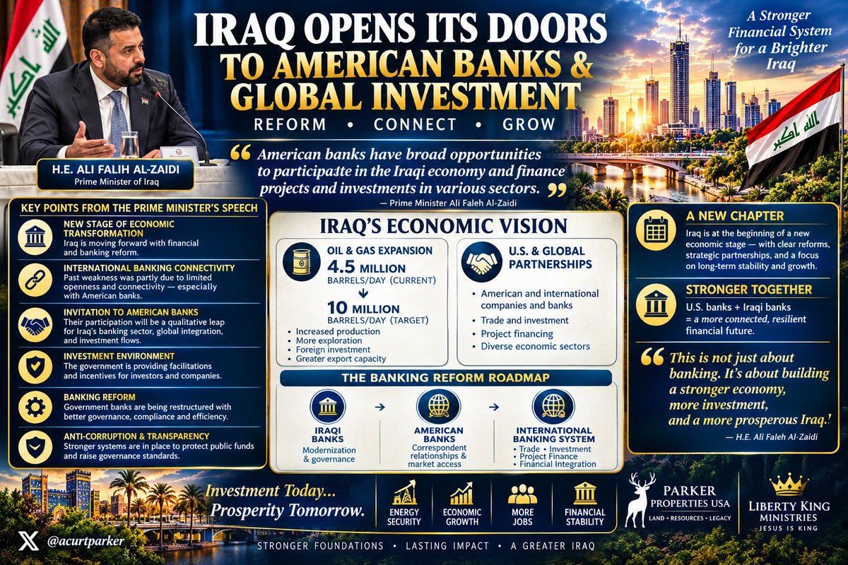 ACurtParker's tweet photo. 🚨 🇮🇶 IRAQ 🇮🇶 🚨

💥THE BANKING SYSTEM IS BEING RECONNECTED💥

🏦 Iraq’s banking weakness was partly connected to its limited openness and connectivity with the international banking system, especially American banks.

🇮🇶🤝🇺🇸 Al-Zaidi is now explicitly inviting American banks and financial institutions into Iraq.

✅ That means the stated objective is:

IRAQI BANKS
↓
AMERICAN BANKS / FINANCIAL INSTITUTIONS
↓
INTERNATIONAL BANKING SYSTEM
↓
TRADE + INVESTMENT + PROJECT FINANCE
↓
GREATER FINANCIAL INTEGRATION

That is a materially different development from simply changing banknotes.

🛢️ The oil side is moving simultaneously

👉🏻 The 4.5 million → 10 million barrels/day figure isn’t just coming from this speech. Reuters reported earlier this month that Al-Zaidi’s government has laid out a 2027–2030 plan targeting nearly 10 million barrels/day of crude capacity by 2030. 

💥💥So you’re now seeing two infrastructure programs being discussed together…

RESOURCE CAPACITY

4.5M bpd
↓
10M bpd target
↓
expanded exploration
↓
foreign investment
↓
greater export capacity

FINANCIAL CAPACITY

domestic banking reform
↓
governance & compliance
↓
automation/digitalization
↓
American correspondent/banking relationships
↓
international financial connectivity
↓
investment/project financing

And this connects directly to what we’ve been tracking

Look at the sequence:

1. RESOURCE GOVERNANCE
Oil & Gas Law moving toward Parliament

↓

2. RESOURCE EXPANSION
4.5M → 10M bpd target

↓

3. INTERNATIONAL INVESTMENT
U.S. companies and $60B+ in announced agreements

↓

4. FISCAL RESTRUCTURING
IMF + 2027 program/performance budgeting

↓

5. FINANCIAL AUTOMATION
World Bank + Ministry of Finance

↓

6. BANKING REFORM
Government banks → governance/compliance/modernization

↓

7. INTERNATIONAL BANKING CONNECTIVITY
American banks being invited into Iraq

↓

8. SOVEREIGNTY TRANSITION
September 30

↓

9. CURRENCY SYSTEM

✅ This is where purchasing-power thesis  shows that Iraq’s government is describing a deliberate effort to rebuild the financial system’s ability to connect with the global banking system.

✅ And there’s an especially interesting historical/current connection: 

earlier reporting this year had already discussed opportunities for American banks to establish branches in Iraq to facilitate trade, investment and Baghdad–Washington economic relations. 

👉🏻 So this isn’t appearing out of nowhere.

🇮🇶 IRAQ IS NOT JUST REFORMING ITS CURRENCY ……

💸💸💸 🏦 IT IS REBUILDING THE FINANCIAL SYSTEM THAT SUPPORTS THE CURRENCY.

That is an important distinction.

If the long-term objective is a more internationally integrated Iraqi economy, then banking connectivity, correspondent relationships, compliance, fiscal transparency, investment flows and resource revenue management are foundational infrastructure.

Whether that eventually produces the kind of dinar purchasing-power change we are watching is still the unresolved question.

But the infrastructure underneath that question is becoming much more visible.

👀 WATCH THIS CURRENCY👀

⚠️ WATCH FOR AN OFFICIAL ANNOUNCEMENT FROM THE CBI 

📖 2 Chronicles 20:20

https://t.co/SGptBY8Uzf
@ACurtParker

#8Wells #IraqiDinar #IQD #CentralBankOfIraq #KimClementProphecy #KingdomInvesting

#Iraq #IraqiDinar #IQD #IMF #EconomicReform #FiscalReform #2027Budget #FinancialReform #Automation #Sovereignty
