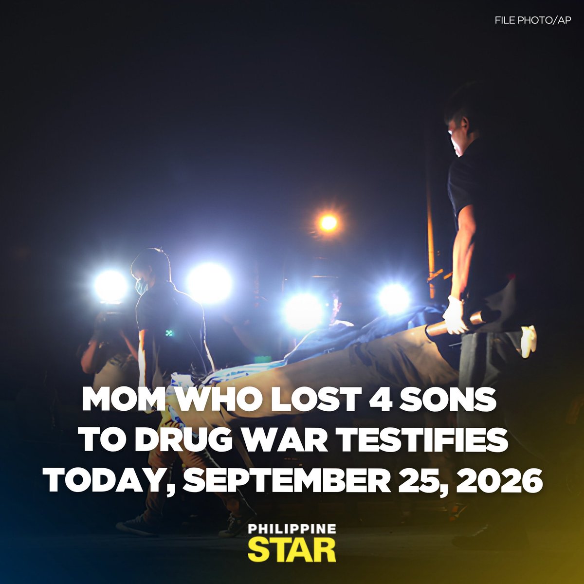 PhilippineStar's tweet photo. A 72-year-old mother who lost all four of her teenage sons in separate killings in Davao City will testify today, September 25, 2026, during the third hearing of the independent civilian Truth Commission. https://t.co/rQRqoXRzUI https://t.co/wzPfcqpbXC