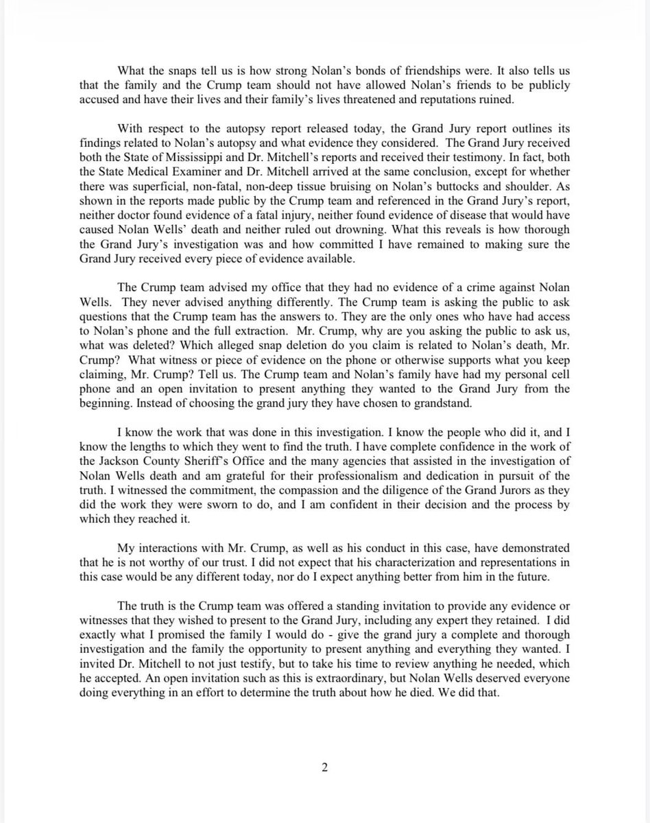 SarahisCensored's tweet photo. There’s a lot of misinformation today about Nolan Wells’s Snapchat, so here is what the DA actually said. 

She said that the “user action” being talked about was activity from other Snapchat users, not proof that someone was physically using Nolan’s phone. 

If Nolan was in group chats, people could keep messaging in those chats whether he picked up his phone again or not. And Snapchat does auto-delete messages depending on settings. So the presence or disappearance of messages in a group chat doesn’t by itself prove Nolan was physically using his phone. 

The DA is saying the evidence provided to her office indicated no one physically accessed Nolan’s phone after his last known use. If anyone claims otherwise, the DA is basically saying show it.

“Again, if the Crump team genuinely has new information or evidence that Nolan Wells was murdered they should stop playing games and immediately provide it to me.”

According to DA Angel Myers McIlrath, Crump’s team gave the State only selected portions of its private phone extraction, not the full download, despite being invited to provide everything to the grand jury. She also says Crump’s team previously told her office they had “no evidence of a crime against Nolan Wells.” Now, if they claim they have evidence of deleted messages, phone access, or criminal wrongdoing, the DA says they need to provide it instead of making public accusations.