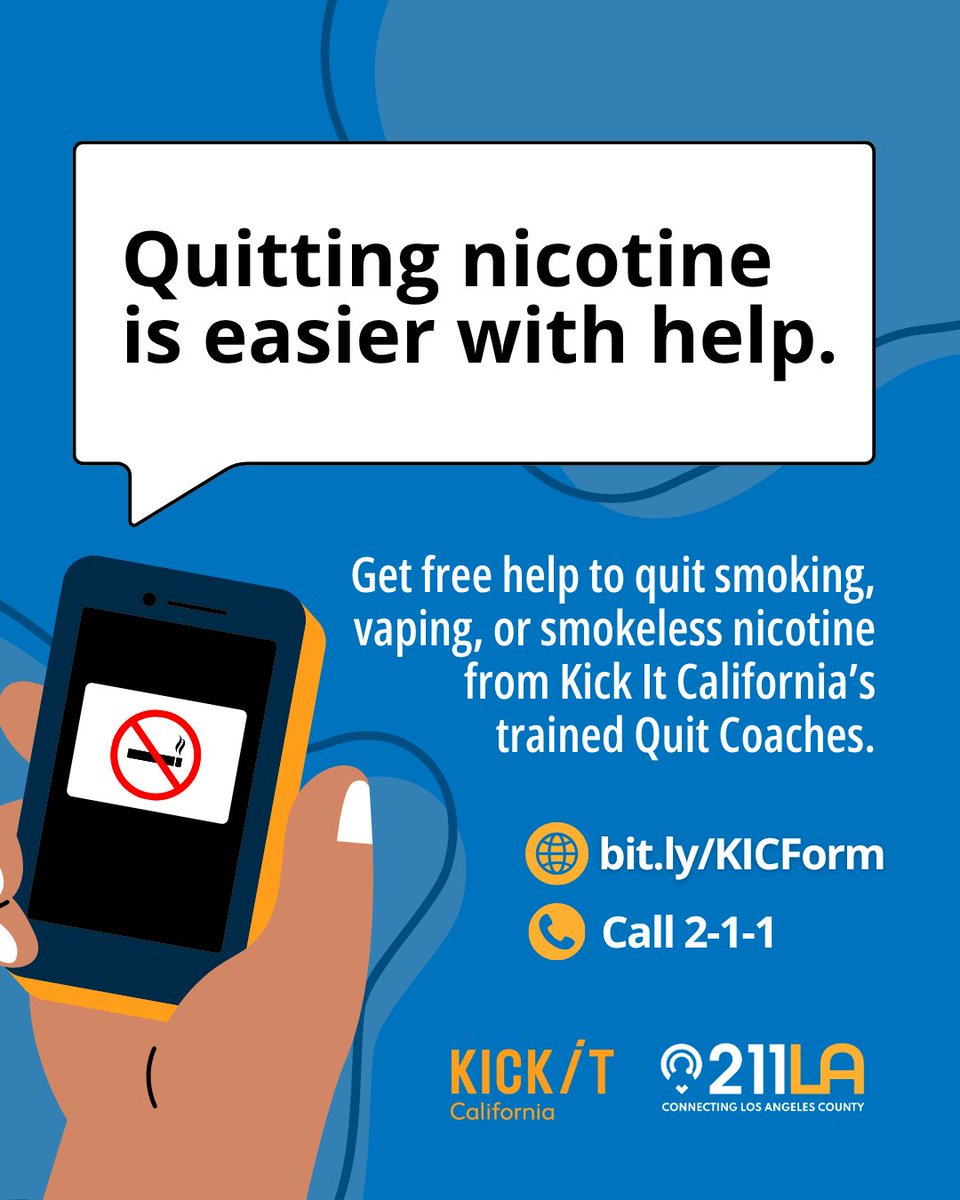 211LACounty's tweet photo. Thereโs no better time to quit nicotine. Now, itโs easier than ever, and free. ๐ญ
๐ Enroll at https://t.co/f3Rt8AIwz1 today and earn a $20 gift card for trying.
โ๏ธ No internet? Dial 2-1-1 for free help to quit. @kickitca
#QuitNicotine #SmokeFree #211LA #LosAngeles https://t.co/s6x1yZIGz0