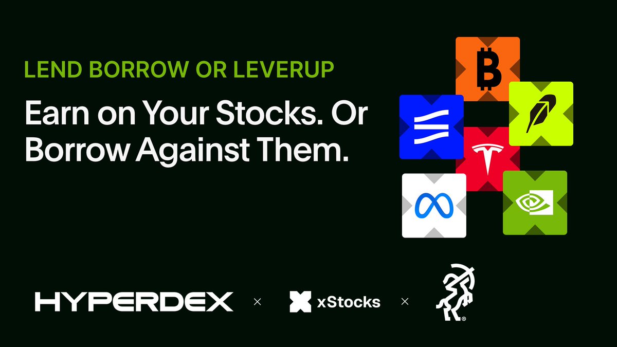 Hyperdex_app's tweet photo. Live on HyperDex

Earn on your stocks. Or borrow against them.

Supply tokenized stocks to earn, borrow against your portfolio, or lever your position 

Powered by @xStocksFi  @SentoraHQ  now live on @solana.

Stocks, ETFs & gold as collateral. Keep the position. Unlock the cash.

Supply or Borrow or Multiply: https://t.co/O9ROL8HfiC