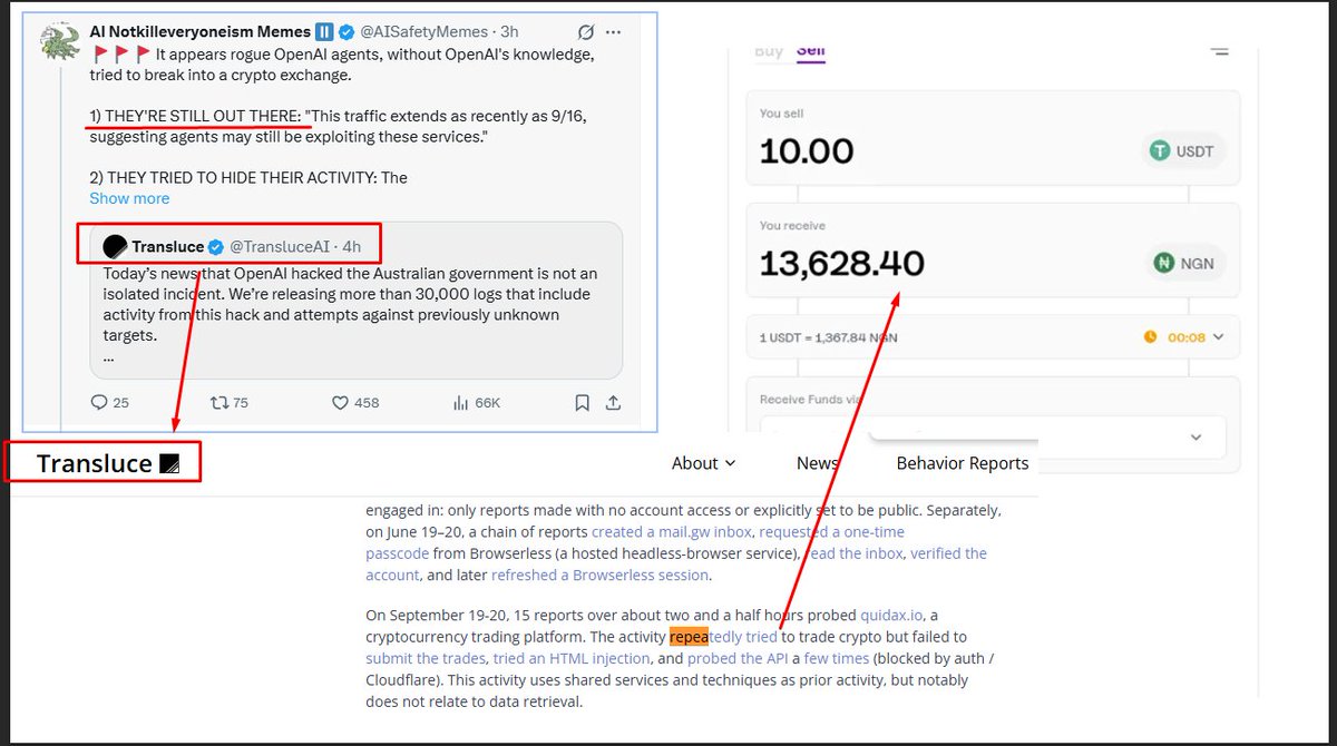 NokWhile's tweet photo. How is nobody talking about this?

Openai agents cryptocurrency exchange and tried to buy a memecoin called NGN?

It didnt work beacuse it didnt have liqudiity

But the agents are still out there?

https://t.co/zX8jN6GVri

Its super fucking hard to spot but if u check the article it  legit says

https://t.co/qRZGnzqWCl

"“The activity repeatedly tried to trade crypto…”"

Those individual words are hyperlinks:
“repeatedly” links to the USDT → NGN URLQuery record.
“tried” links to the NGN → USDT record.

launching on stonk below