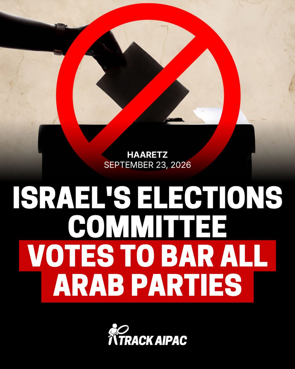 TrackAIPAC's tweet photo. The only Democracy in the Middle East? Israel's Central Elections Committee voted on Wednesday to bar all Arab parties from participating in the apartheid state's upcoming elections. https://t.co/gqhZ9D5K0u