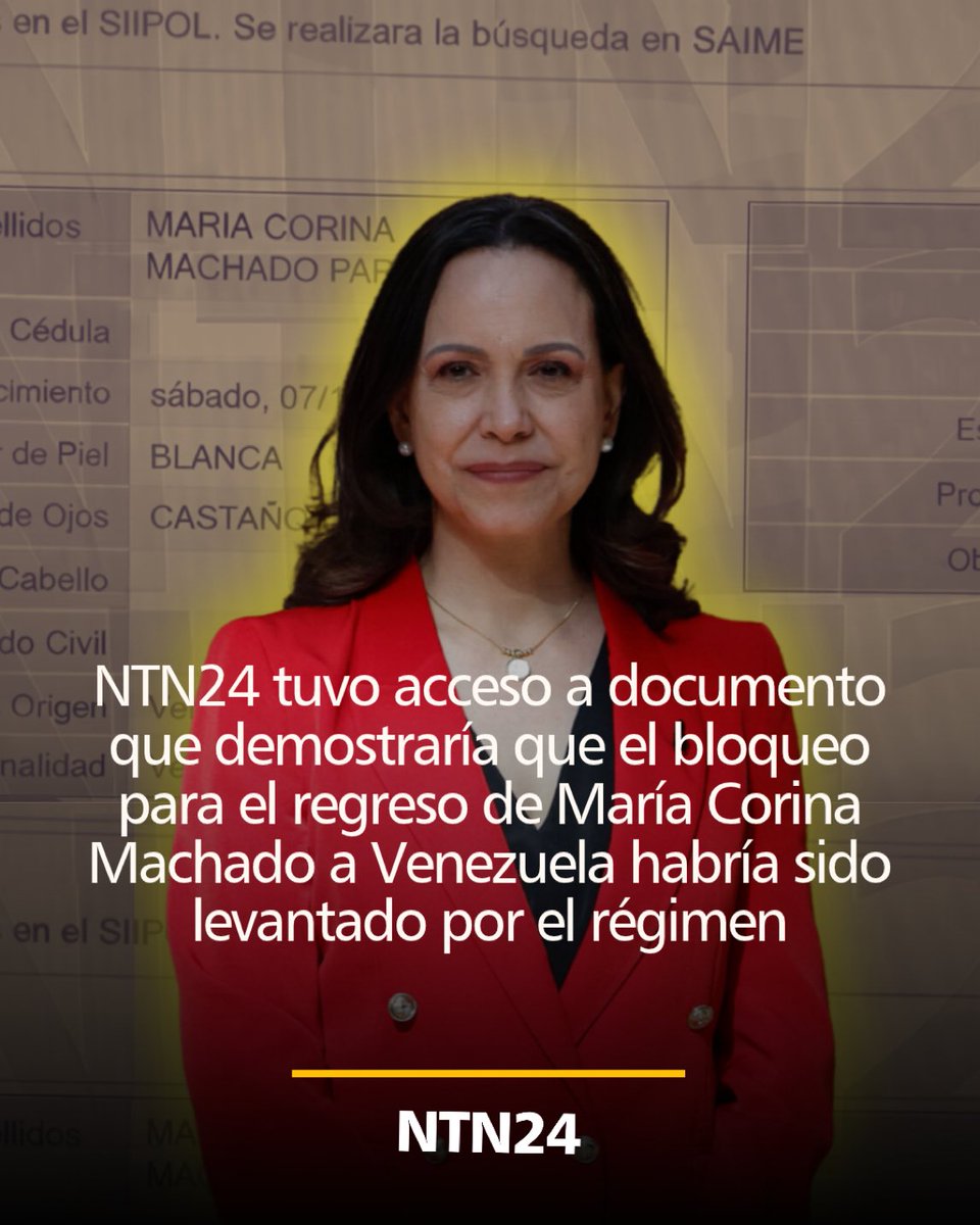 lilianaf523's tweet photo. #ULTIMAHORA. NTN tuvo acceso a un documento del SAIME que dejaría en evidencia el levantamiento del veto a la líder de la democracia.

@NTN24 https://t.co/cPUpAB8sAY